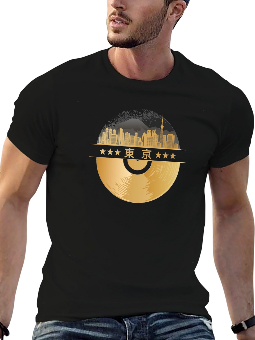 Tokyo Skyline Record T-Shirt - Black