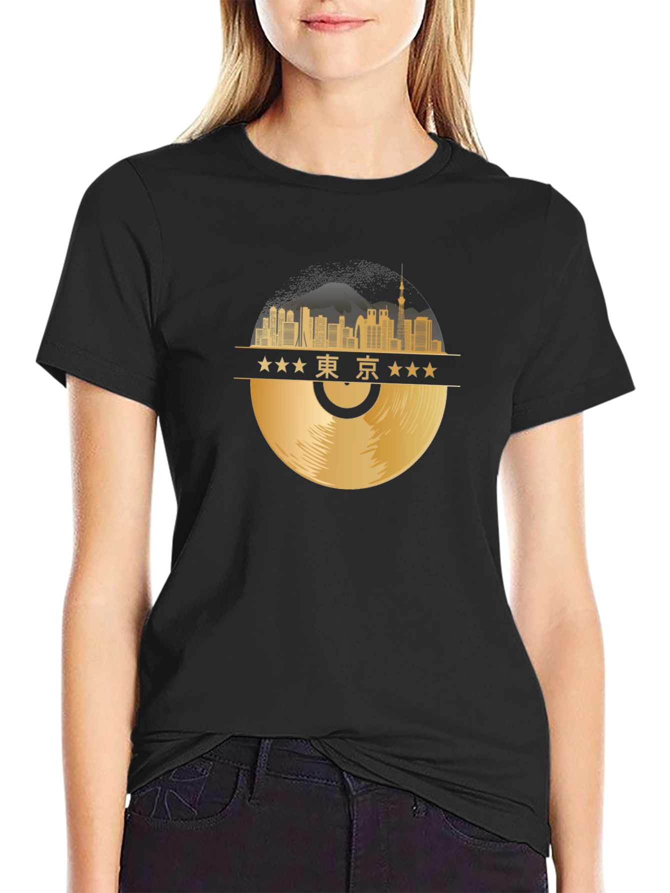 Tokyo Skyline Record T-Shirt - Black