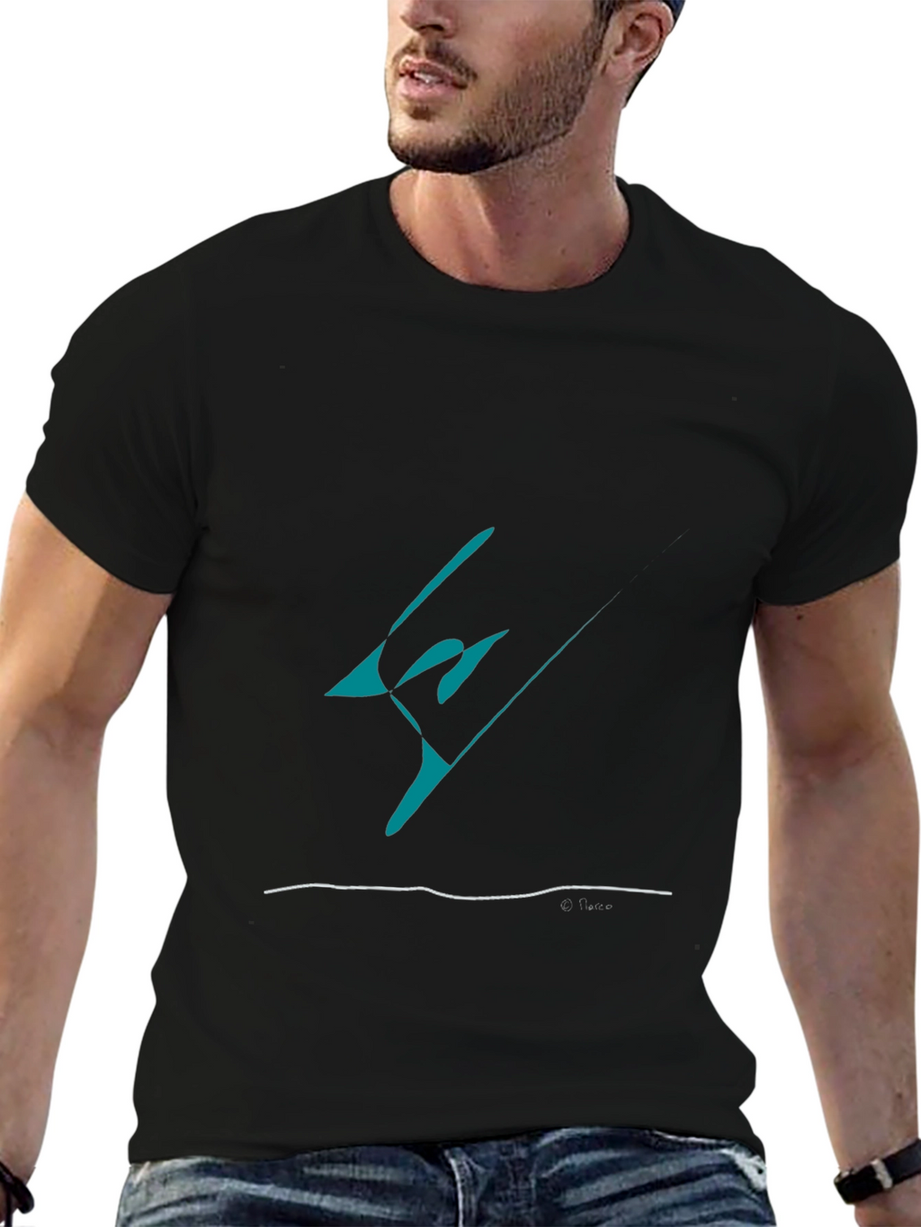 Abstract Teal Graphic Black T-Shirt