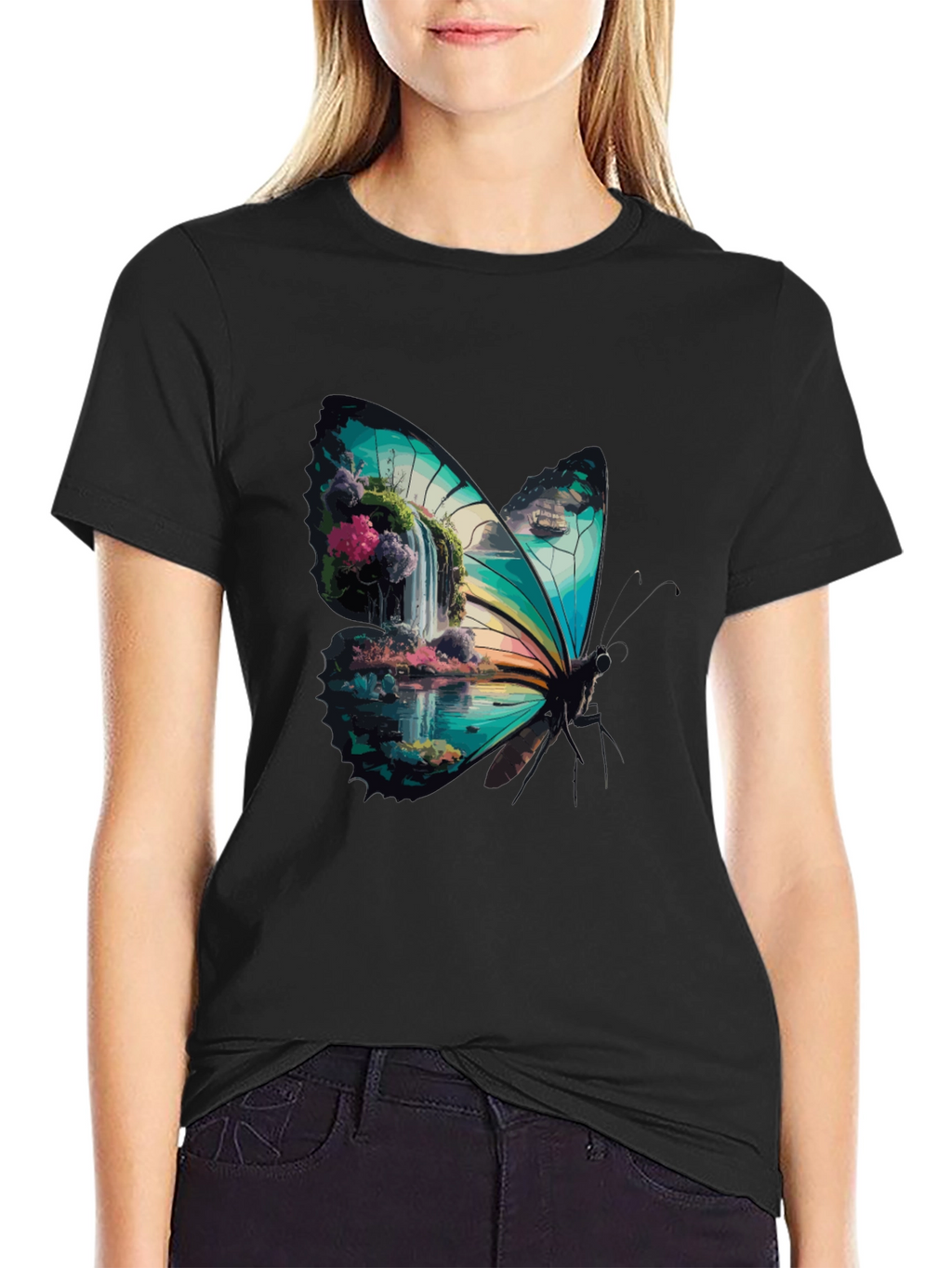Butterfly Waterfall Graphic Tee - Stylish Nature Design