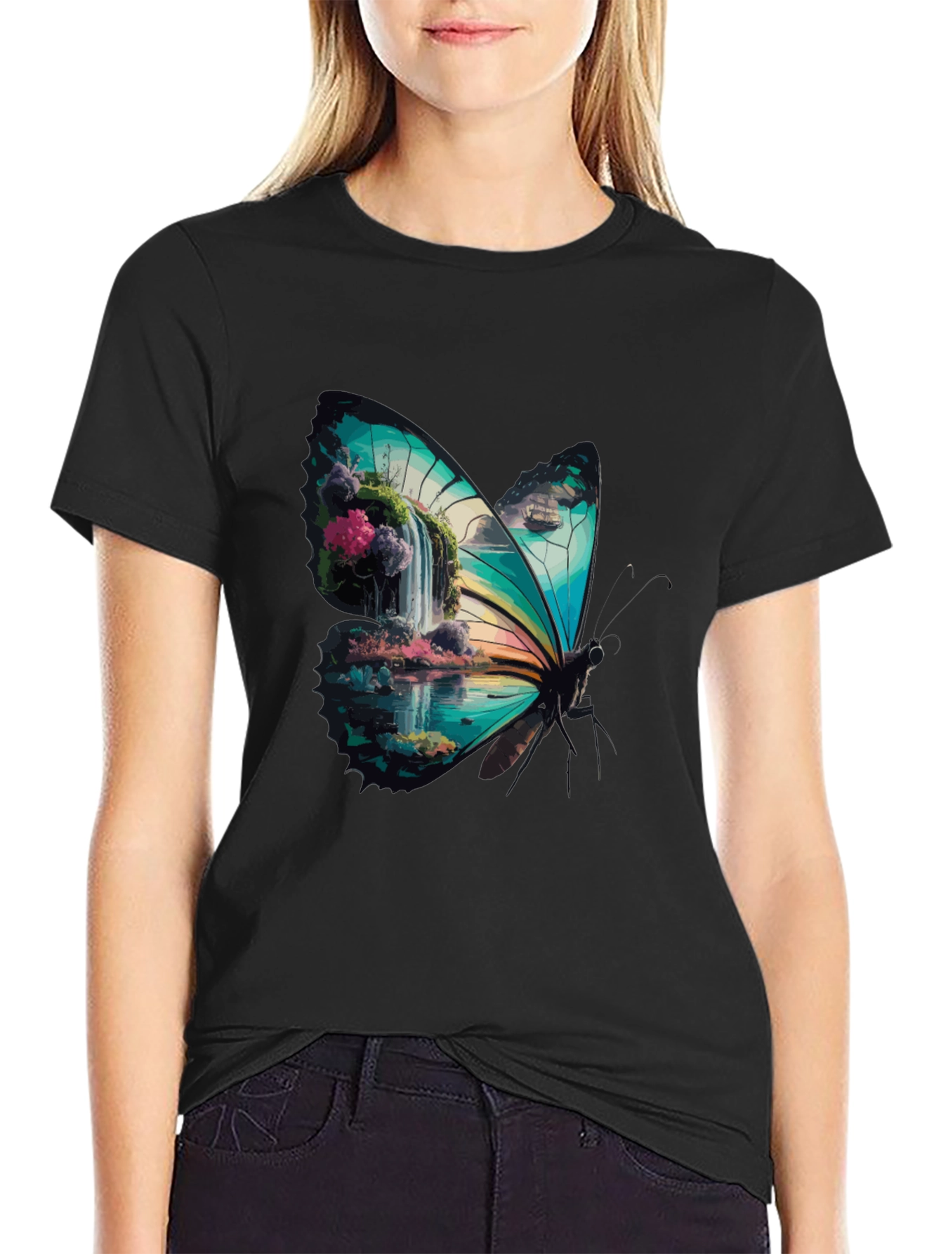 Butterfly Waterfall Graphic Tee - Stylish Nature Design