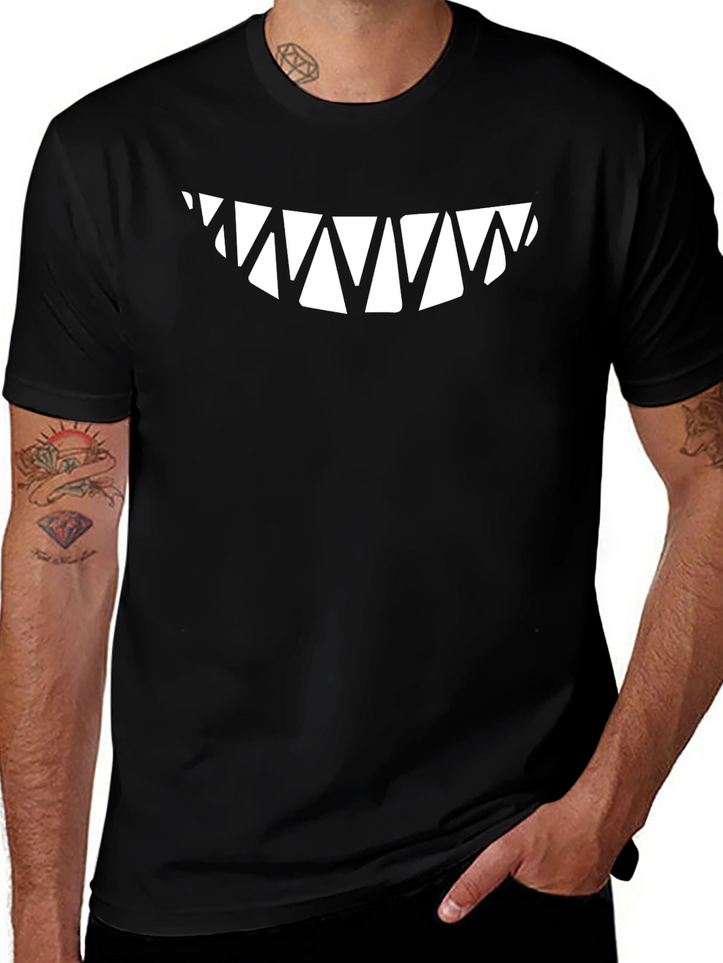 Mens Black T-Shirt with Sharp Teeth Graphic