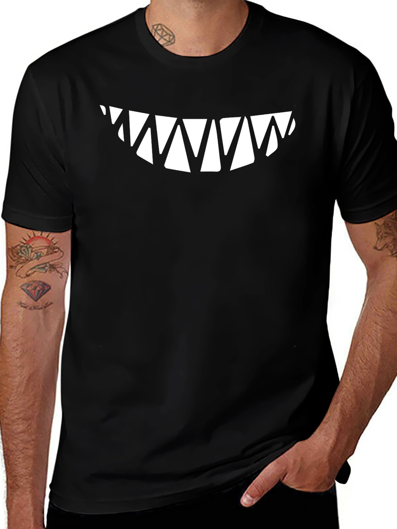 Mens Black T-Shirt with Sharp Teeth Graphic