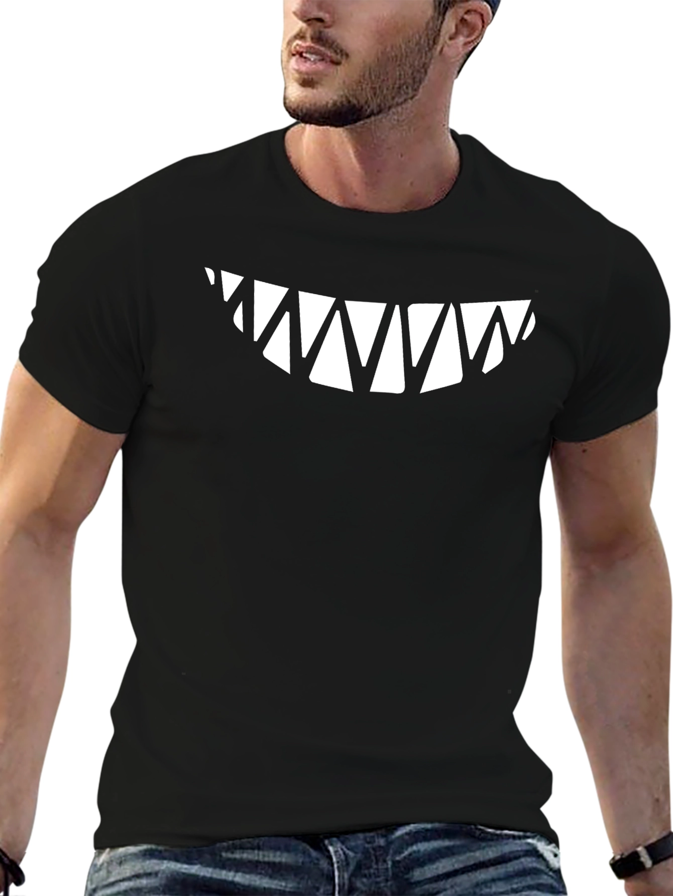 Mens Black T-Shirt with Sharp Teeth Graphic