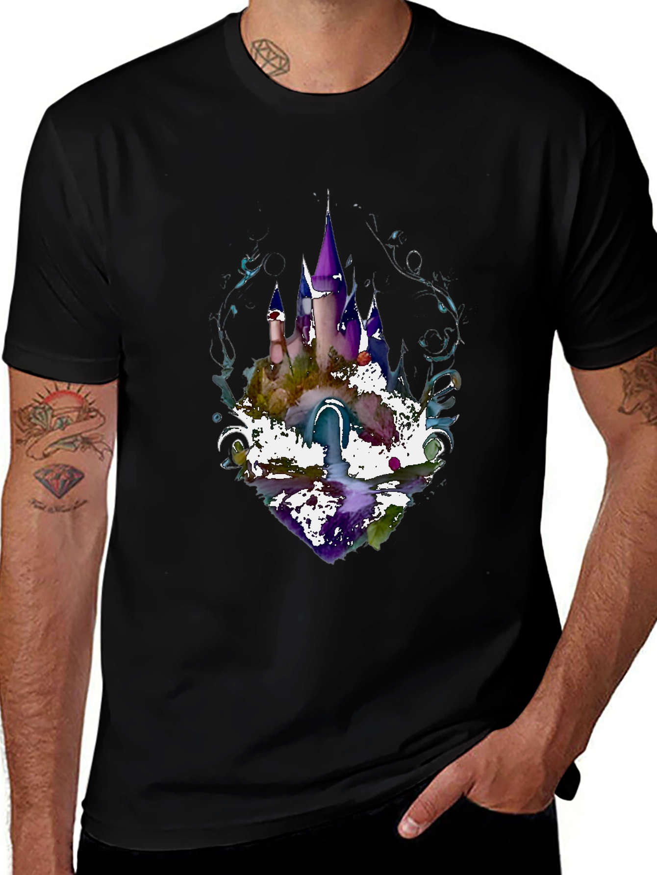 Watercolor Castle Graphic Tee - Mens Black Shirt