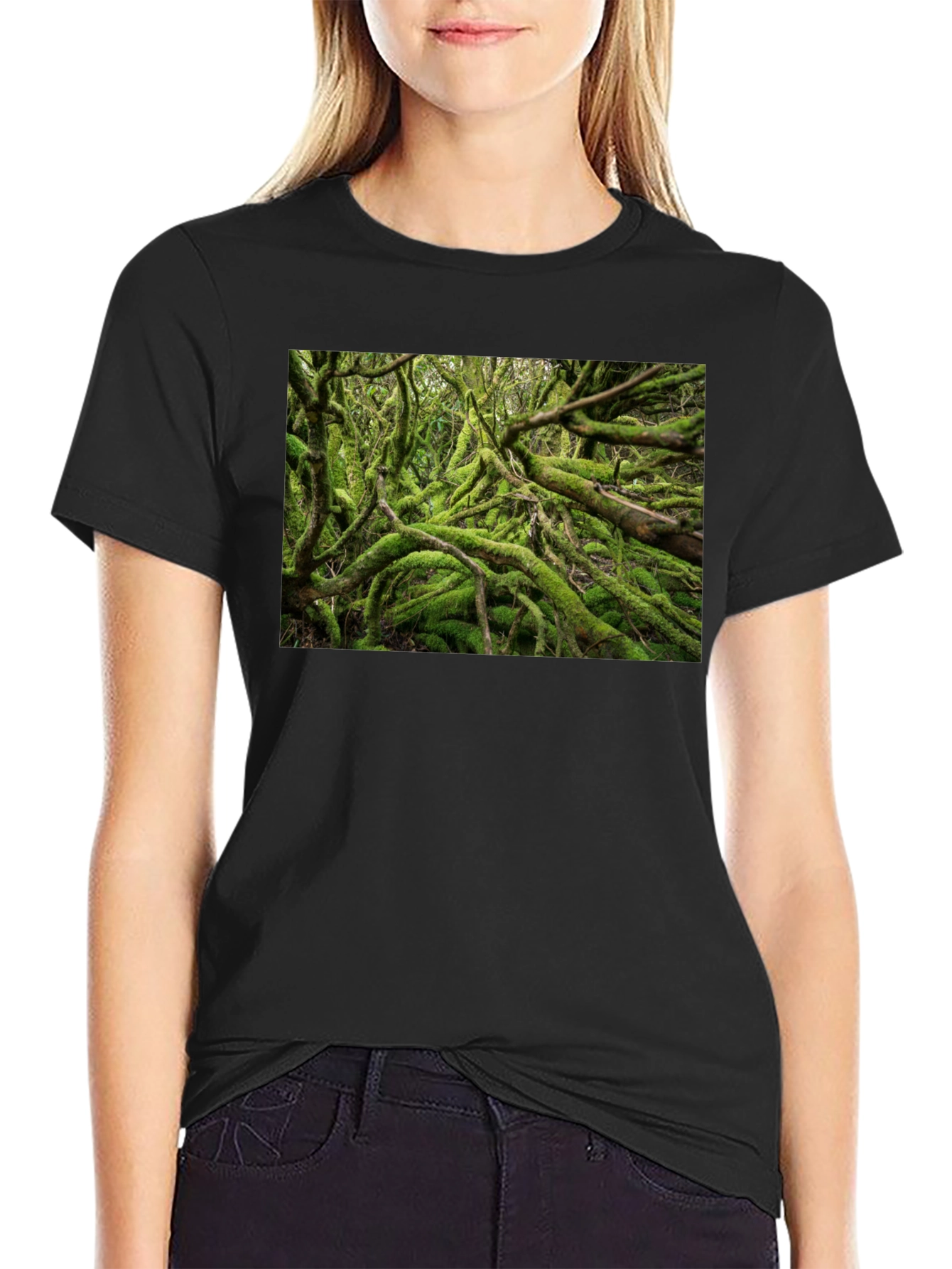 Mossy Forest Print Black T-Shirt