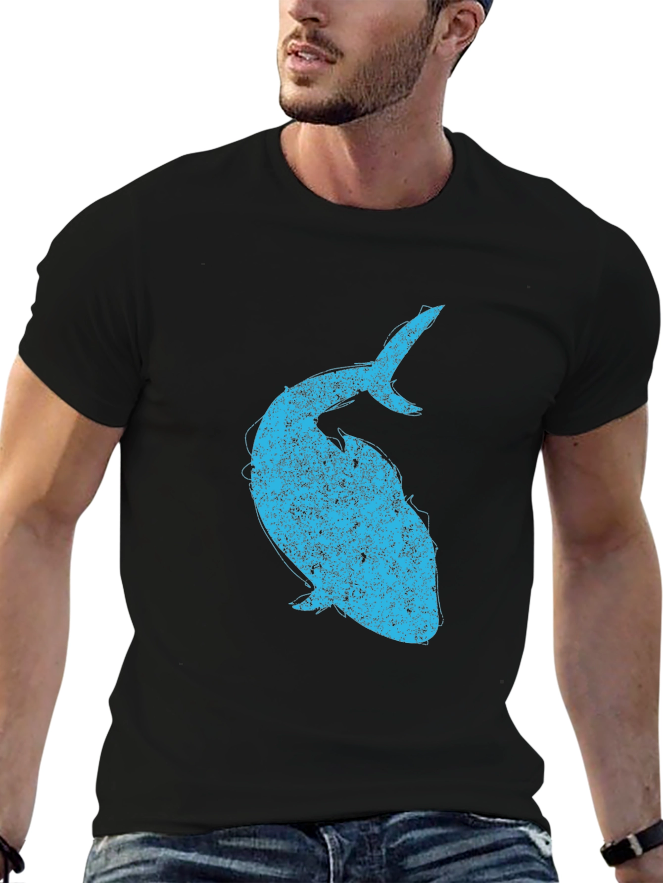 Mens Black T-Shirt with Blue Whale Graphic