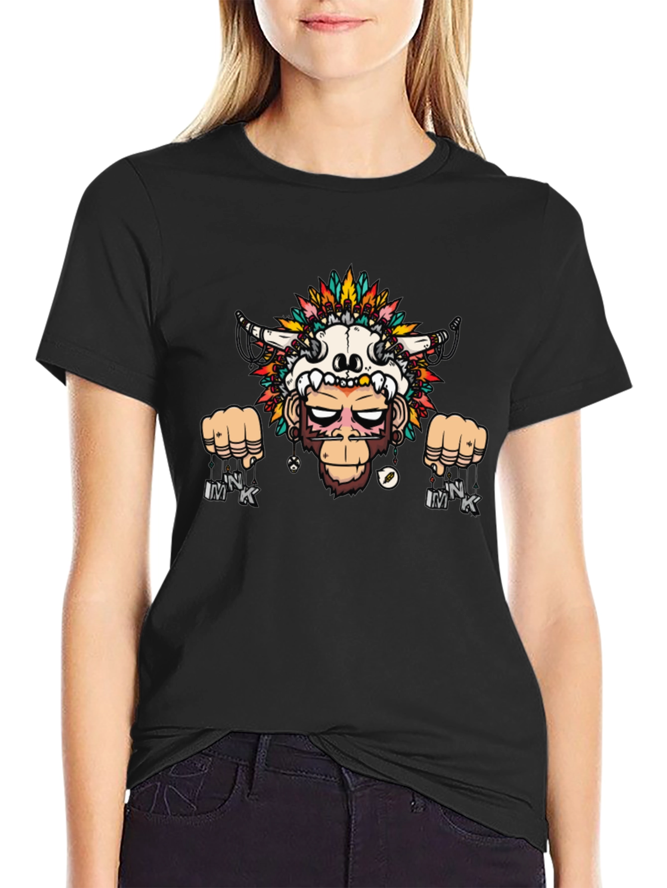 Monkey Skull Headdress Graphic Tee - Black