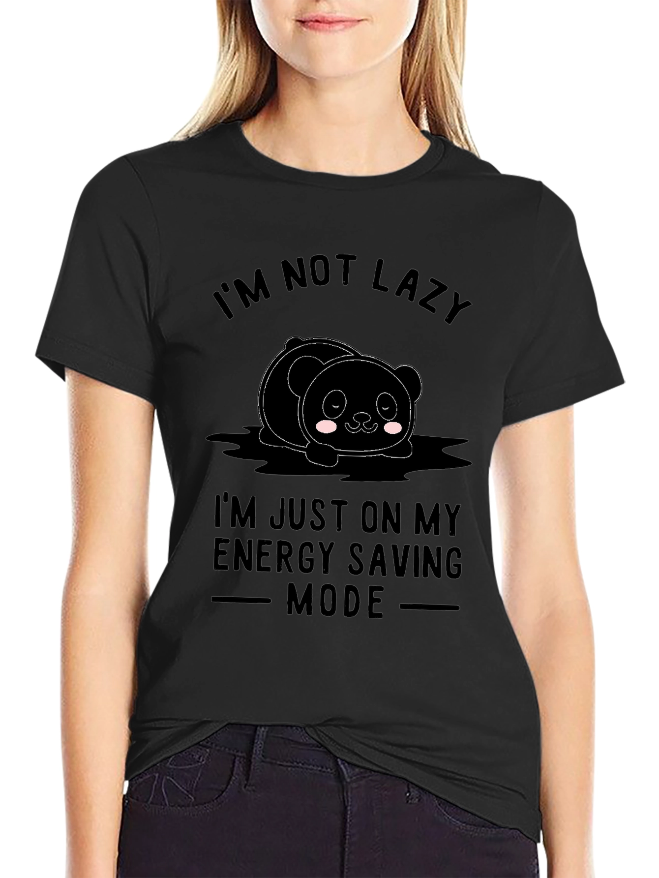 Funny Lazy Panda Energy Saving Mode Black T-Shirt