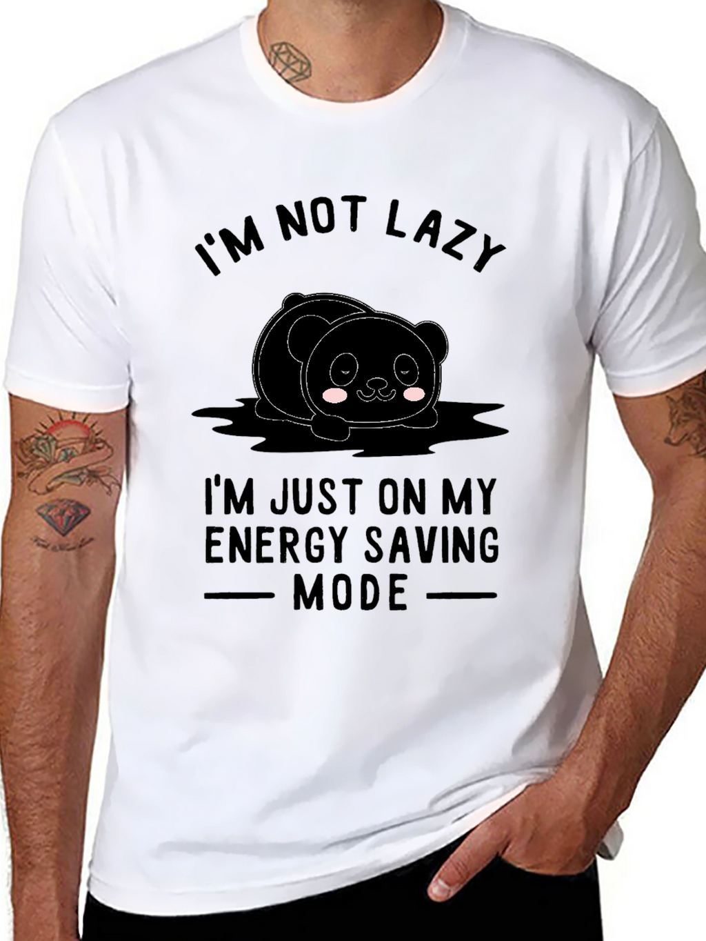 Funny Lazy Panda Energy Saving Mode Black T-Shirt