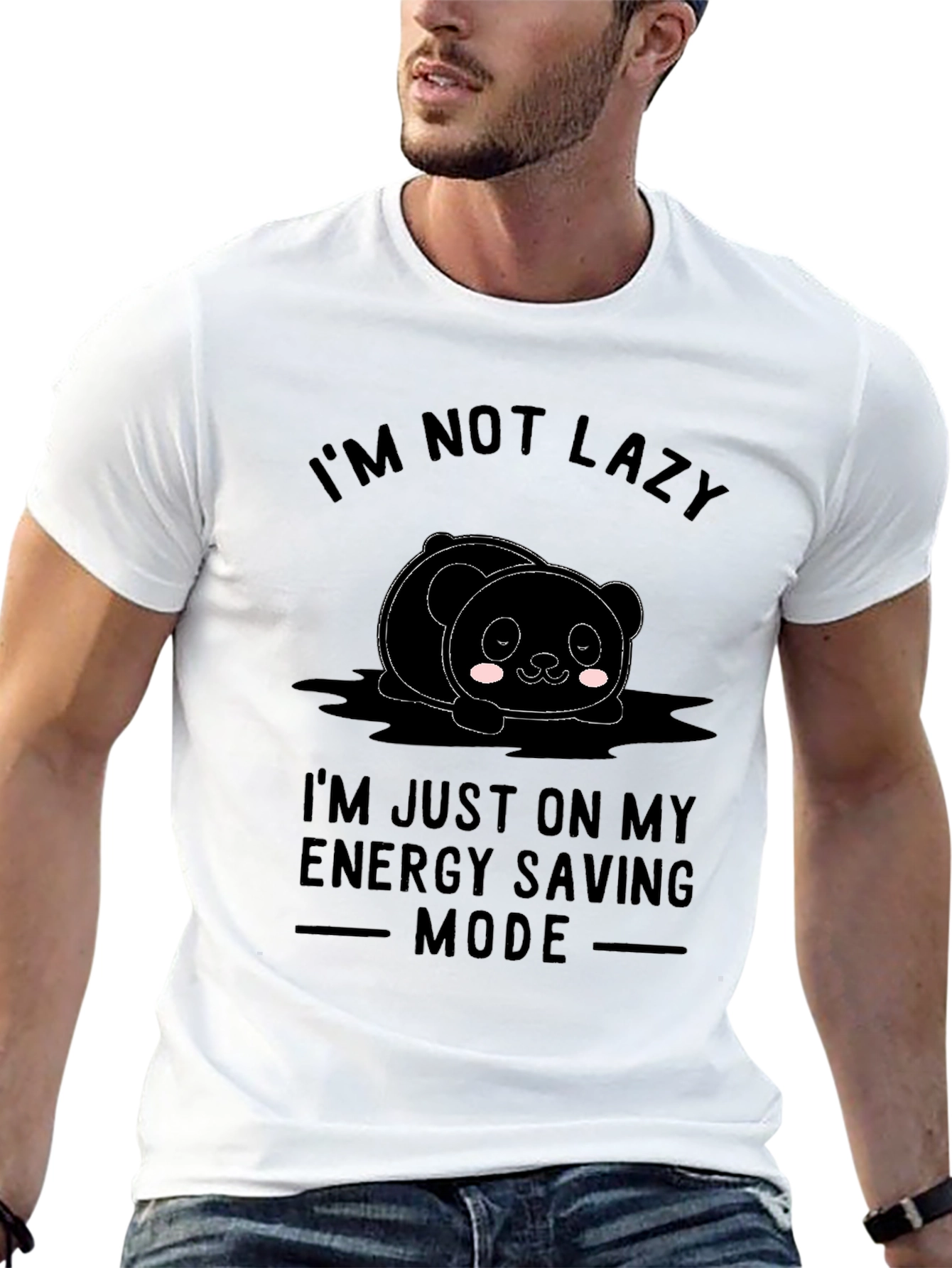 Funny Lazy Panda Energy Saving Mode Black T-Shirt