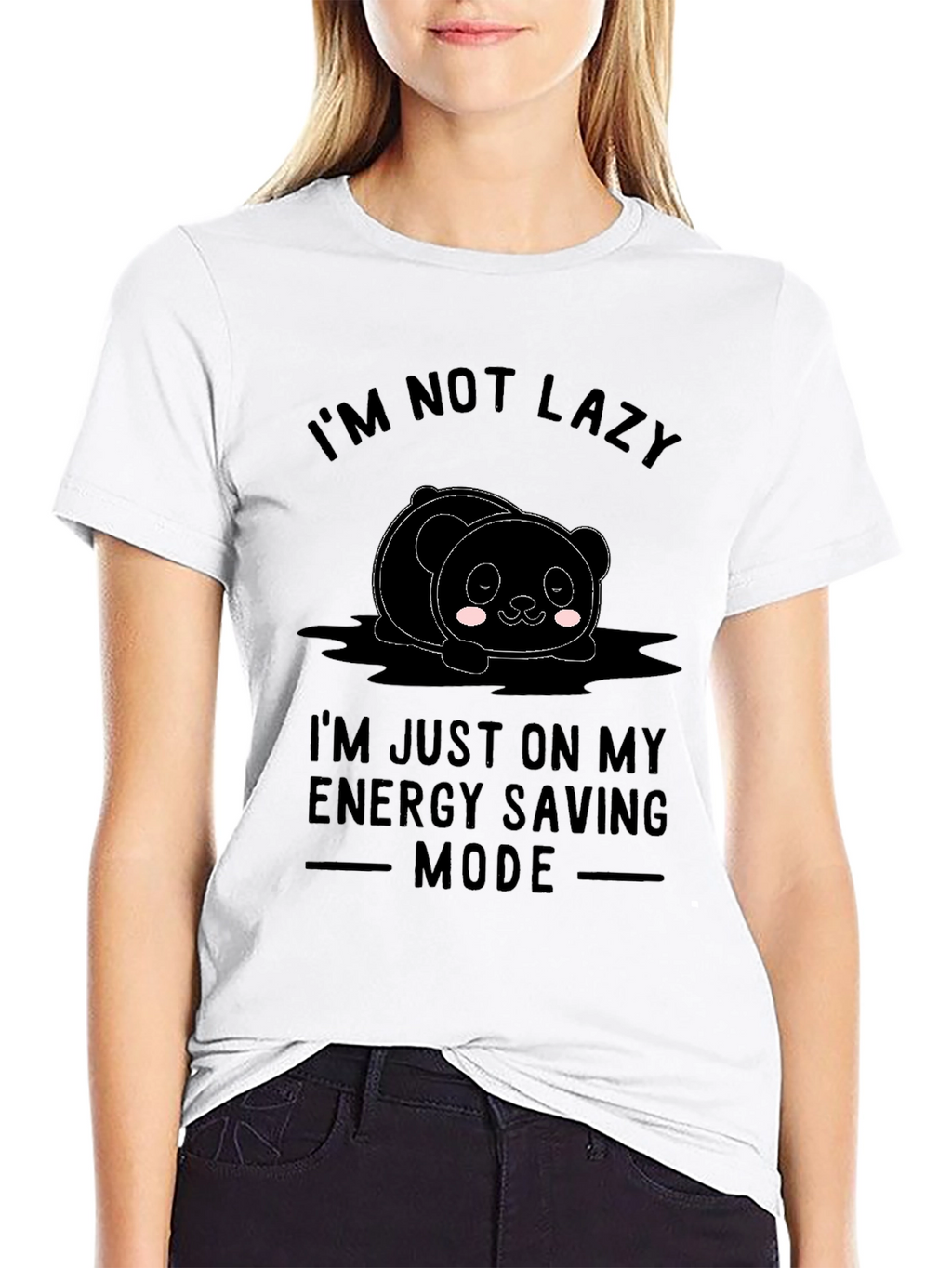 Funny Lazy Panda Energy Saving Mode Black T-Shirt