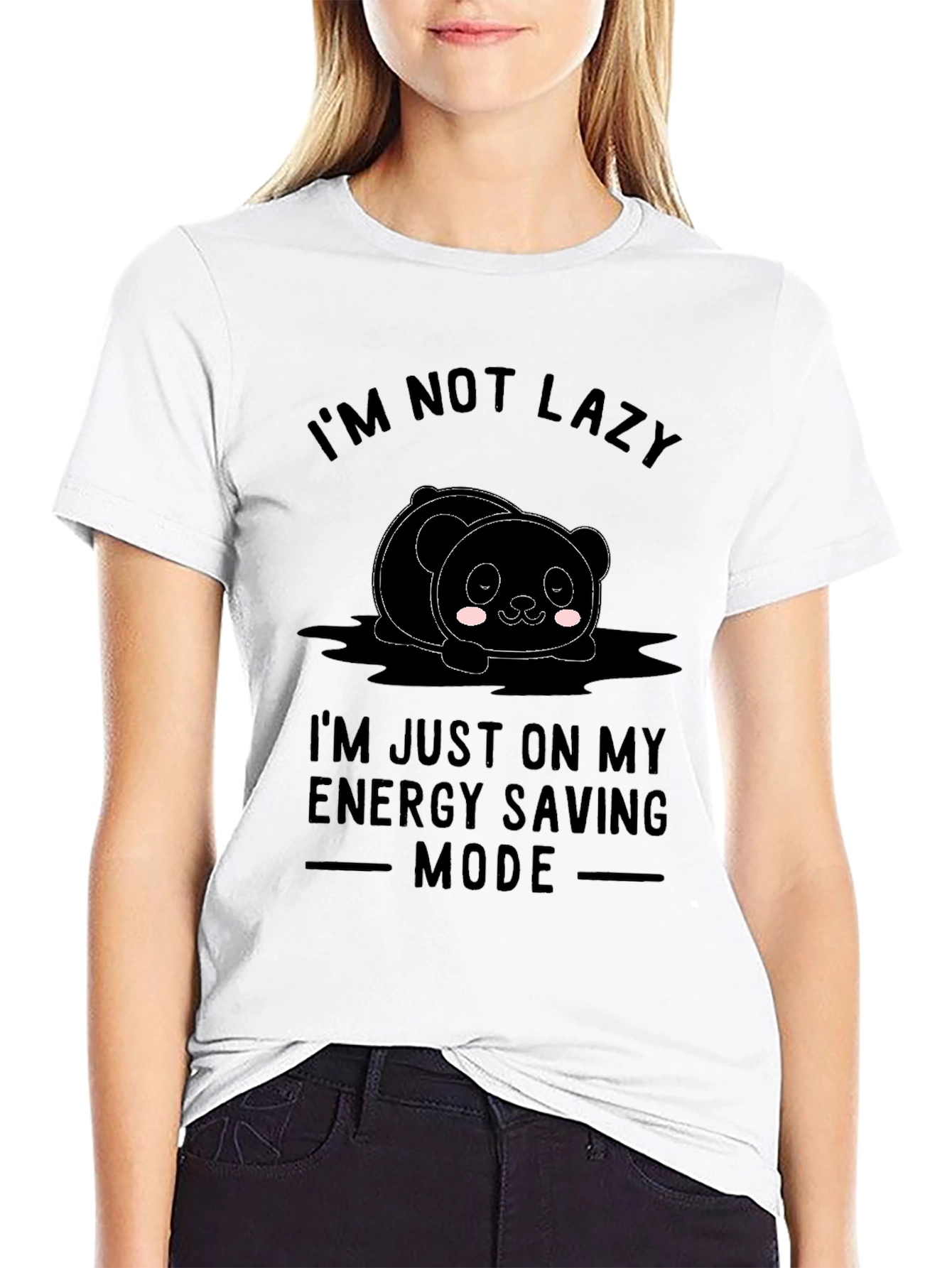 Funny Lazy Panda Energy Saving Mode Black T-Shirt