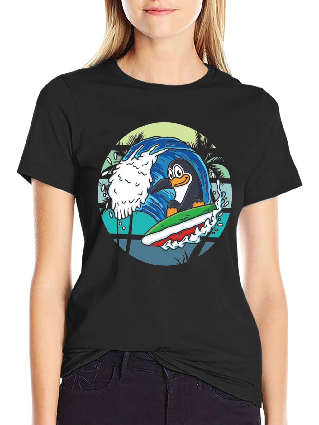 Surfing Penguin Graphic Tee - Black
