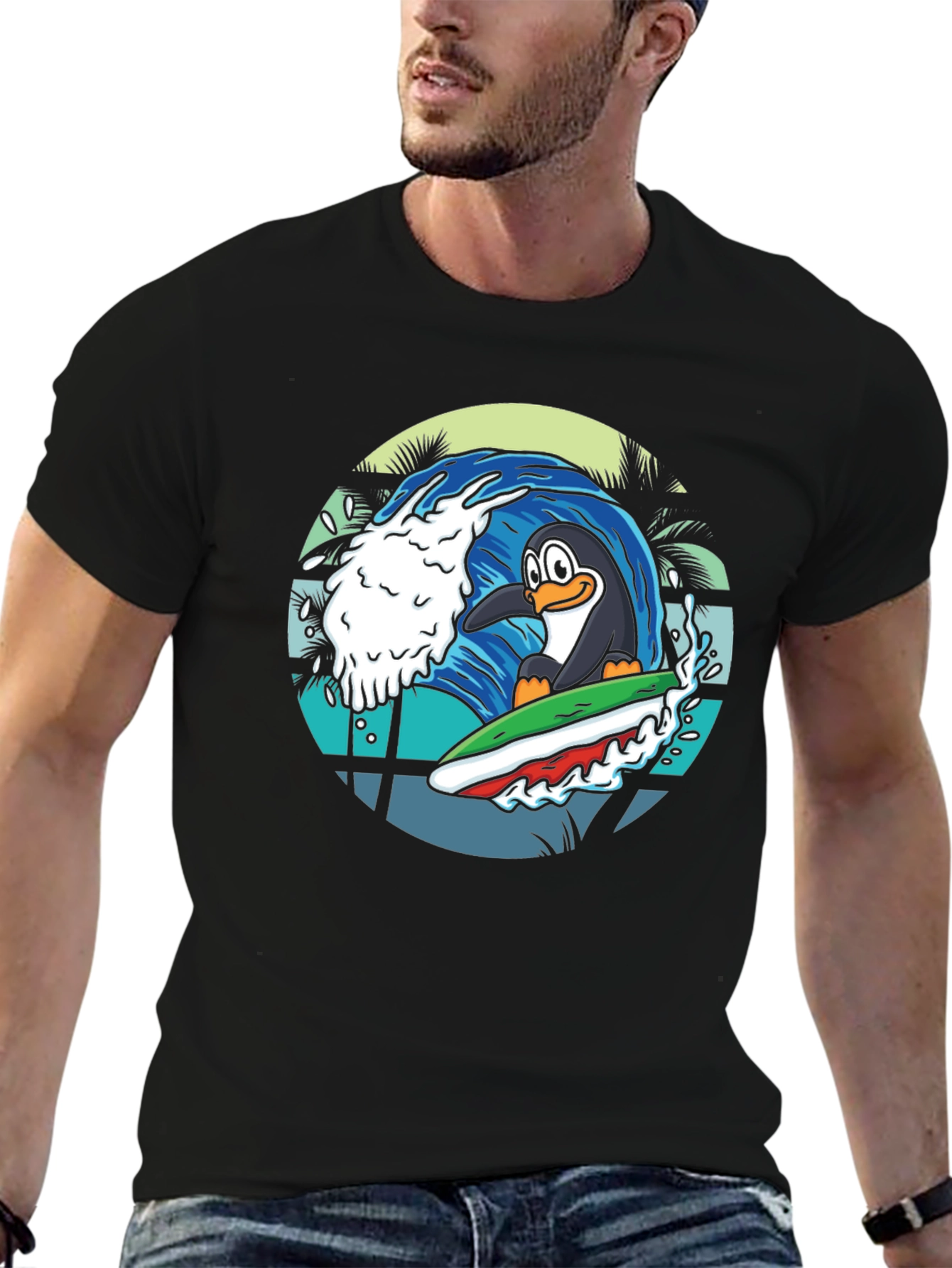 Surfing Penguin Graphic Tee - Black