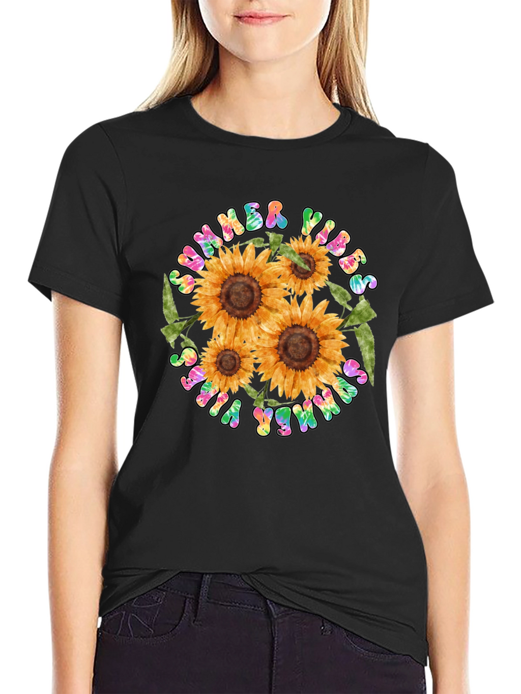 Summer Vibes Sunflower Graphic Tee - Black