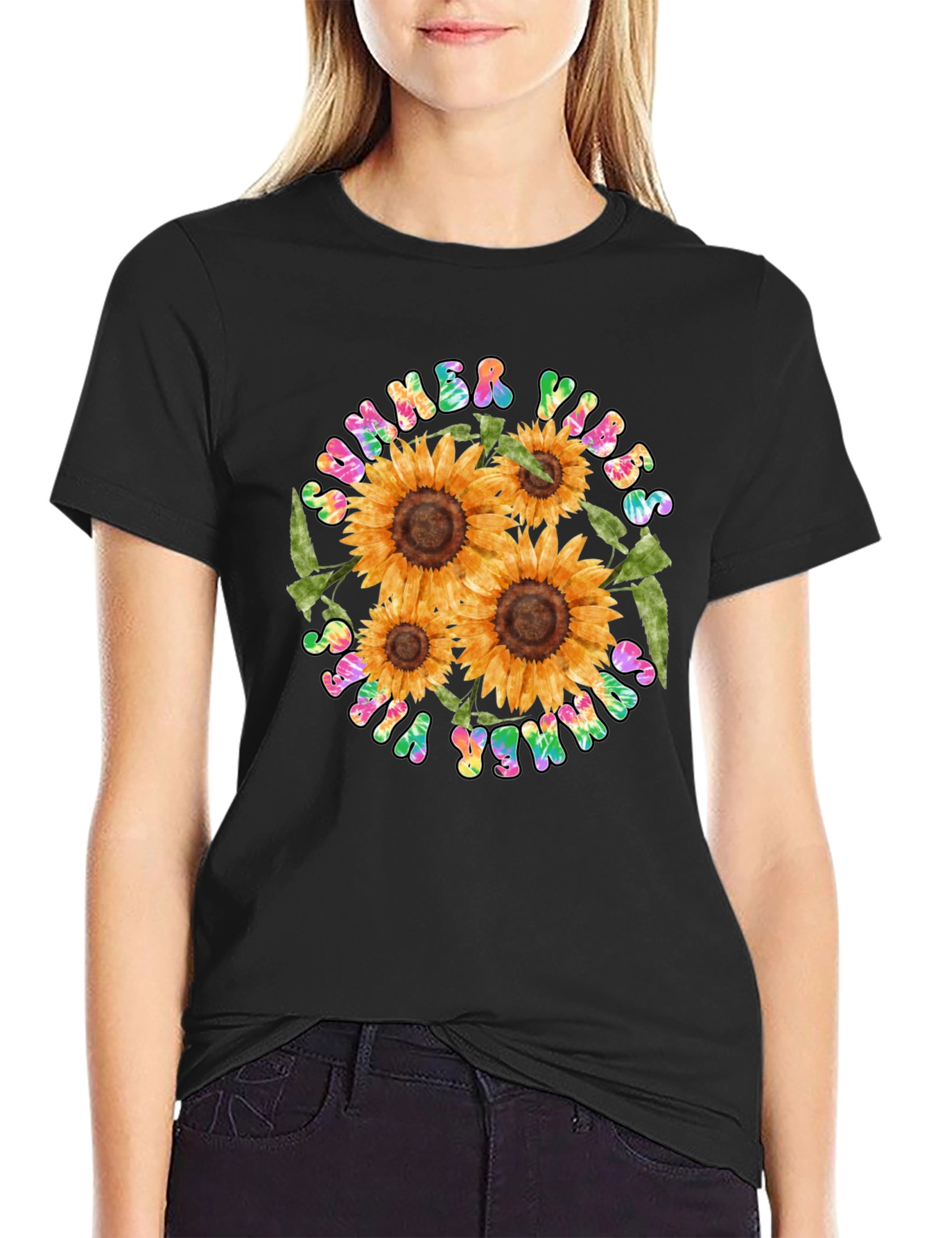 Summer Vibes Sunflower Graphic Tee - Black
