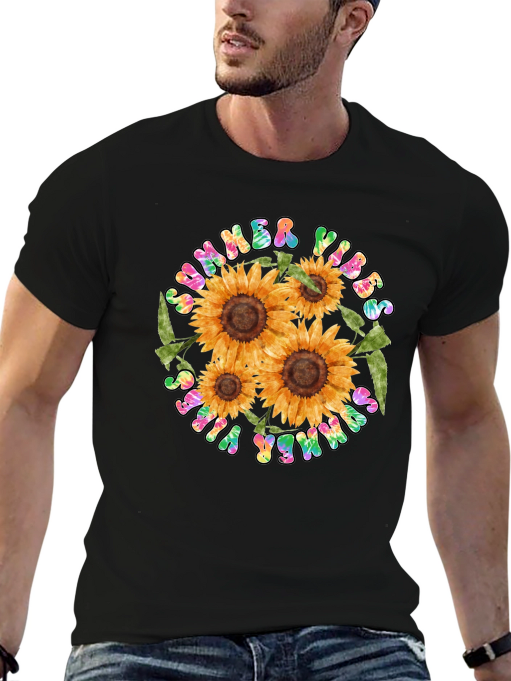 Summer Vibes Sunflower Graphic Tee - Black