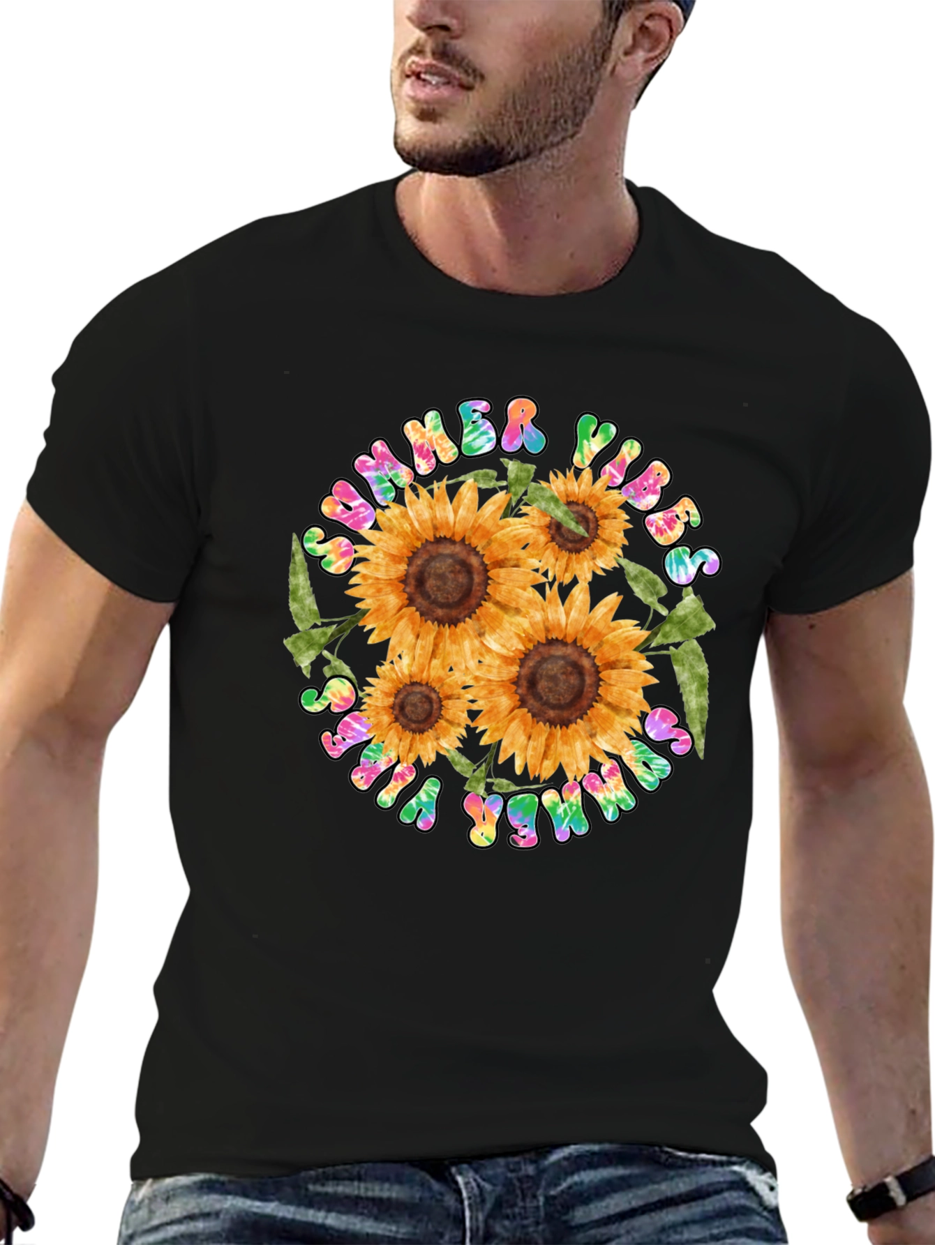 Summer Vibes Sunflower Graphic Tee - Black