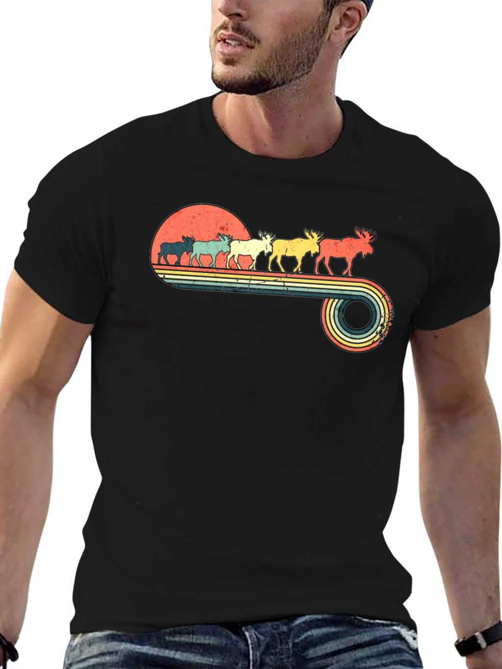 Retro Moose Sunset Graphic T-Shirt