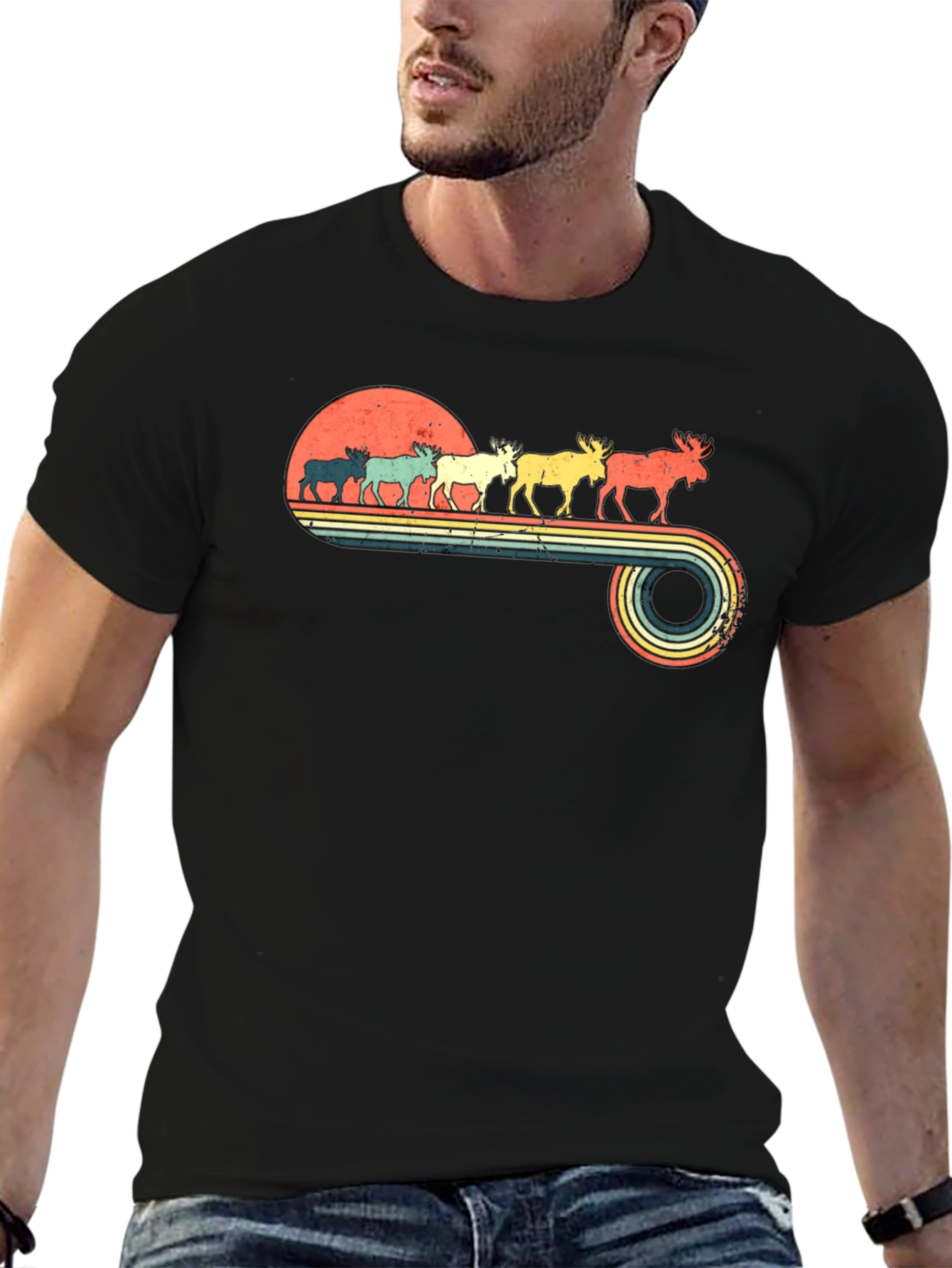 Retro Moose Sunset Graphic T-Shirt