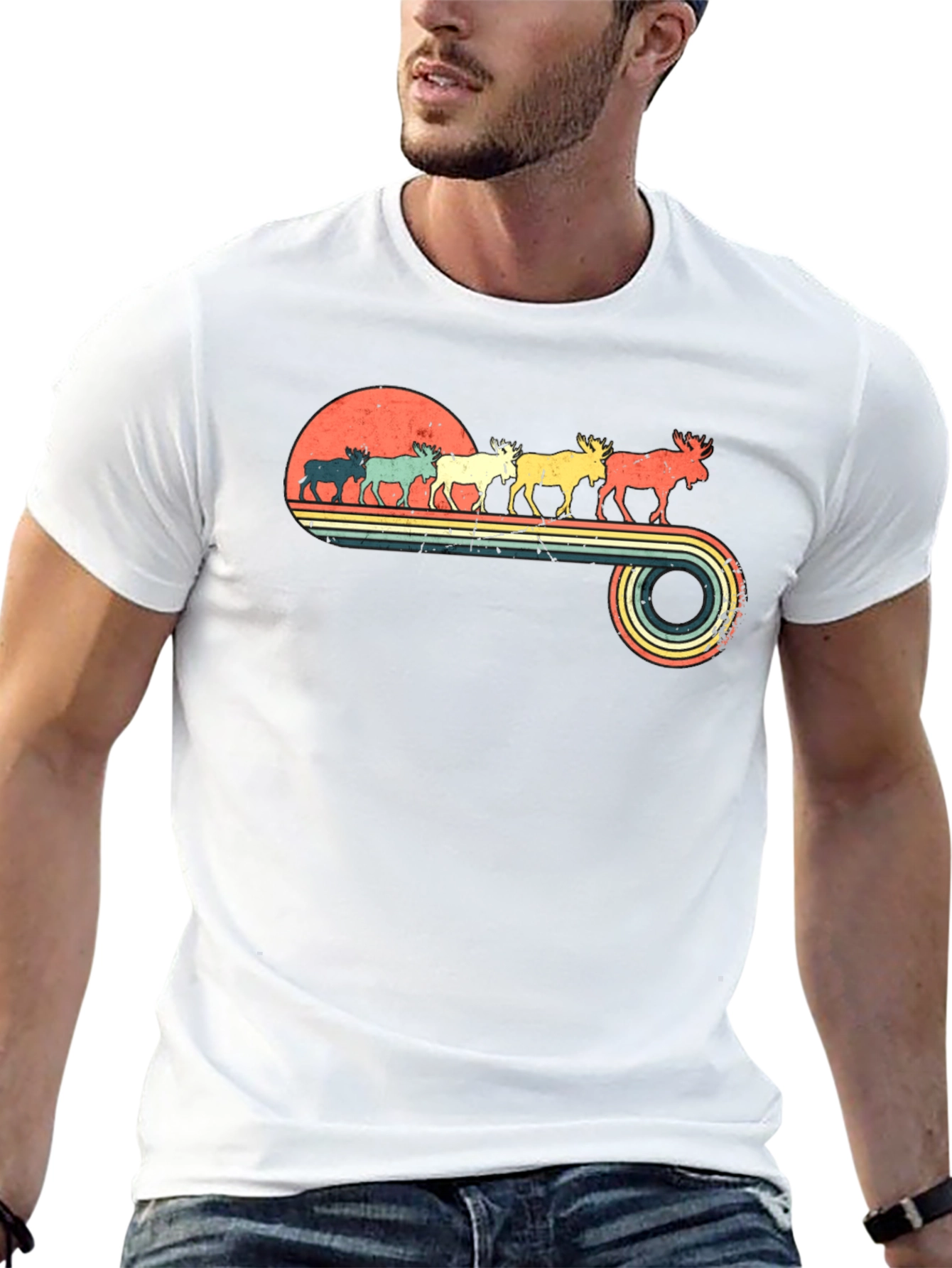 Retro Moose Sunset Graphic T-Shirt