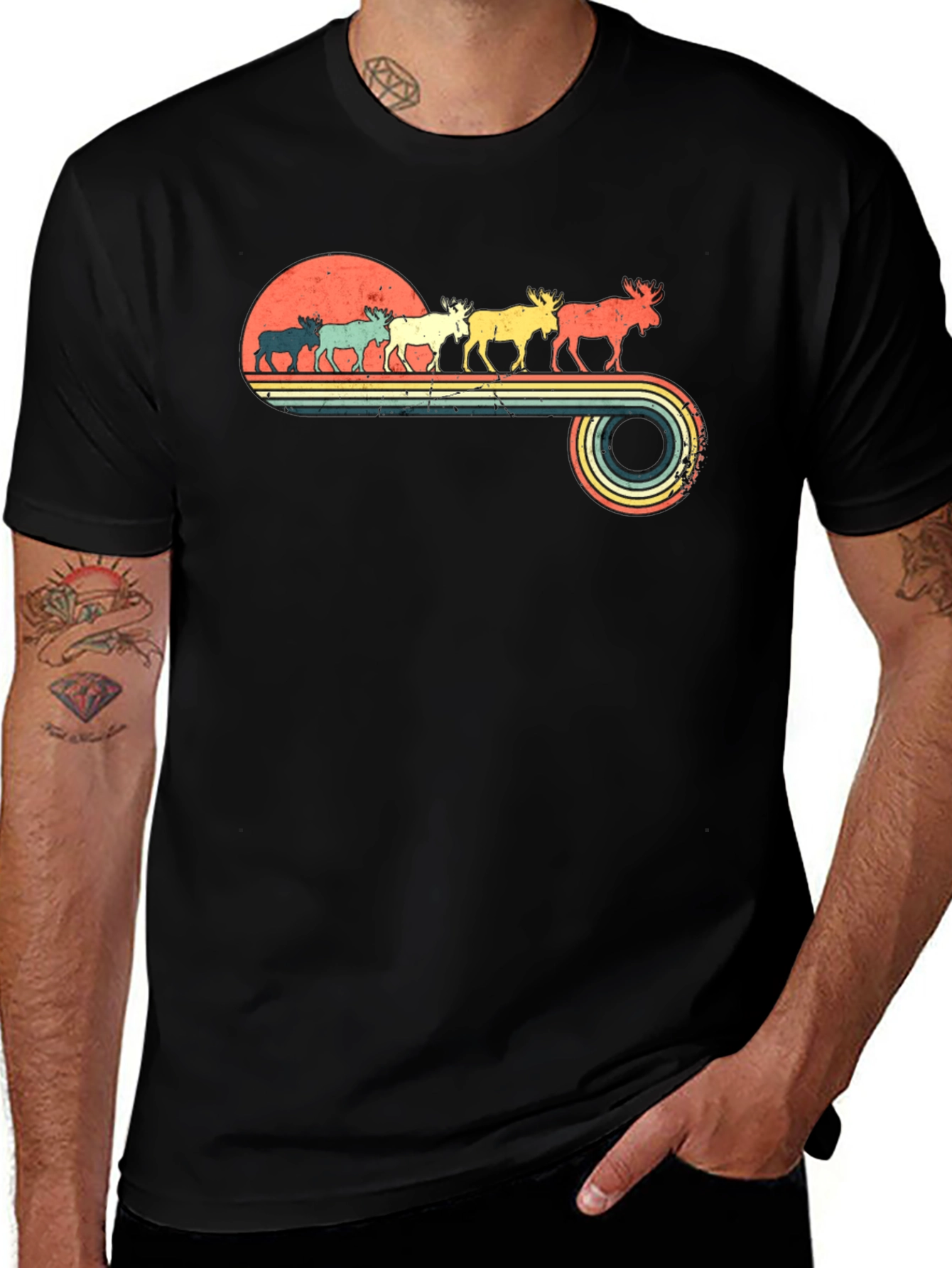 Retro Moose Sunset Graphic T-Shirt