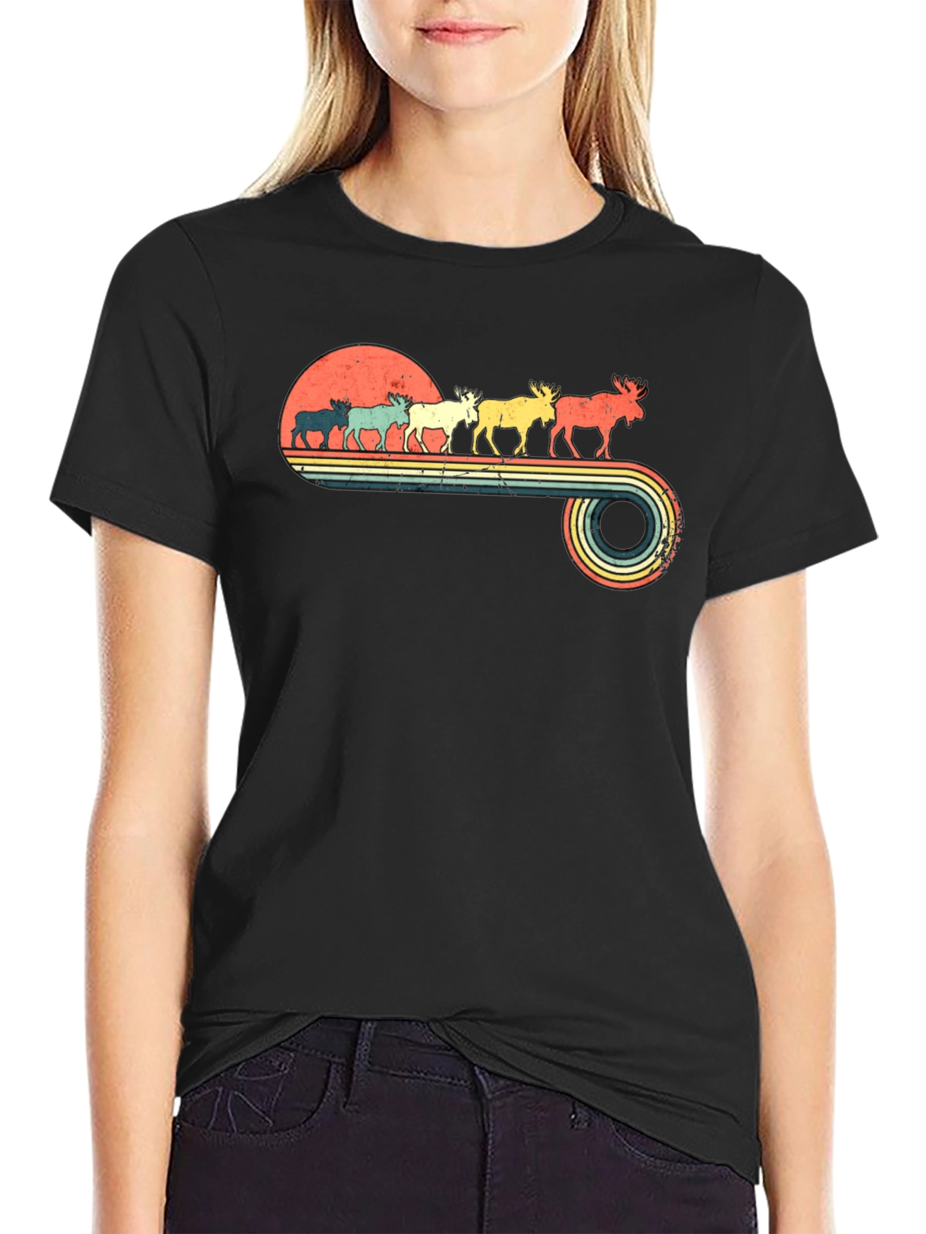 Retro Moose Sunset Graphic T-Shirt
