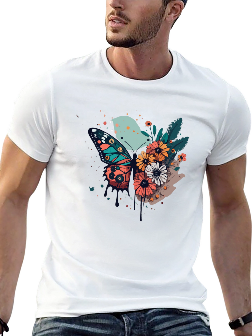 Butterfly & Floral Print Black T-Shirt