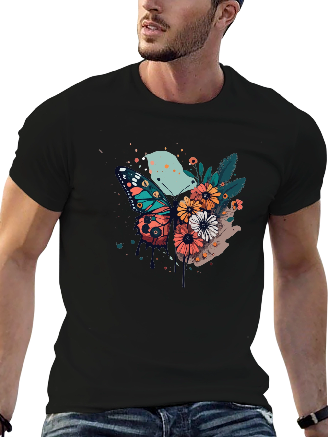 Butterfly & Floral Print Black T-Shirt