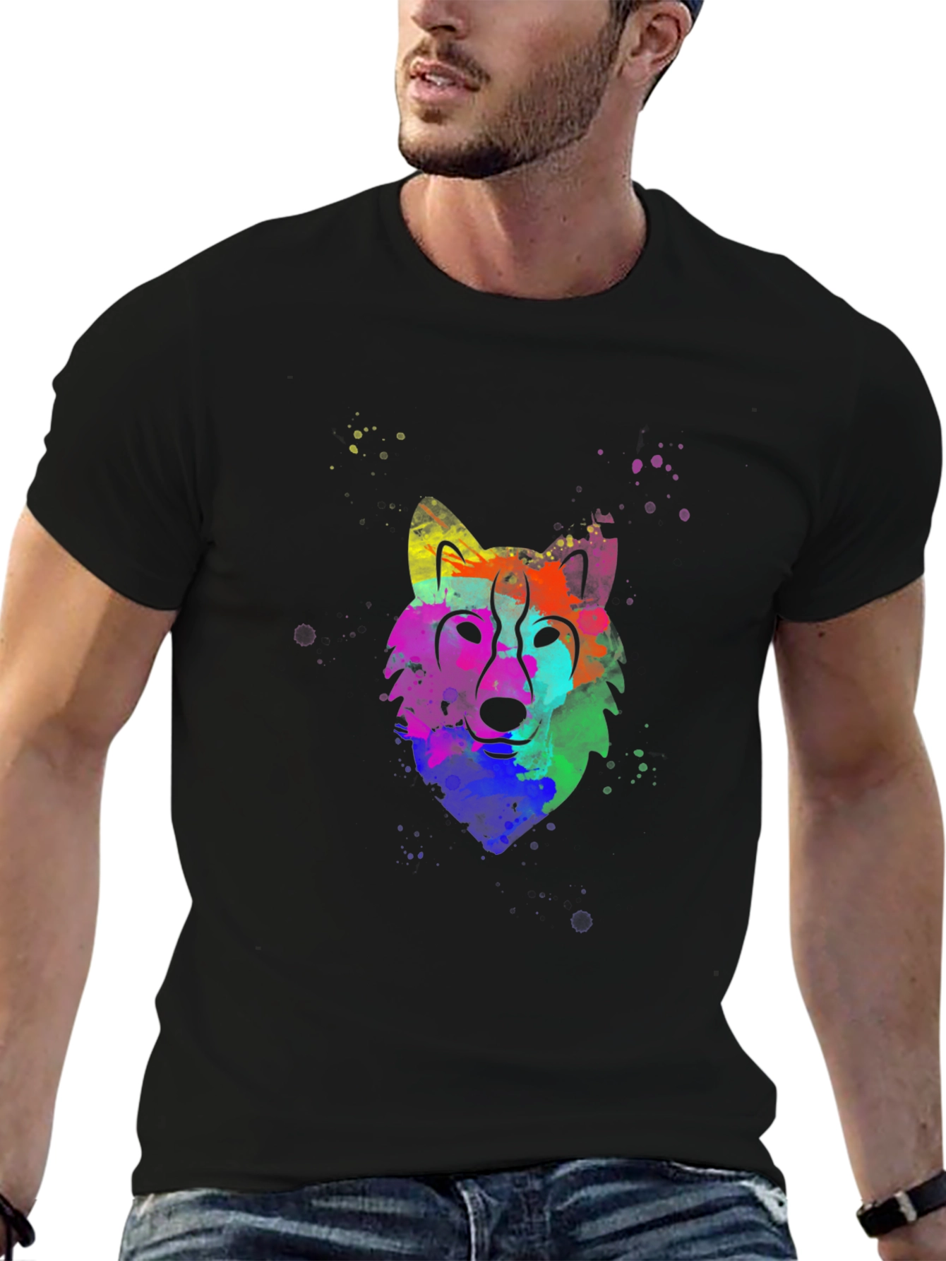 Colorful Watercolor Wolf Graphic T-Shirt - Black