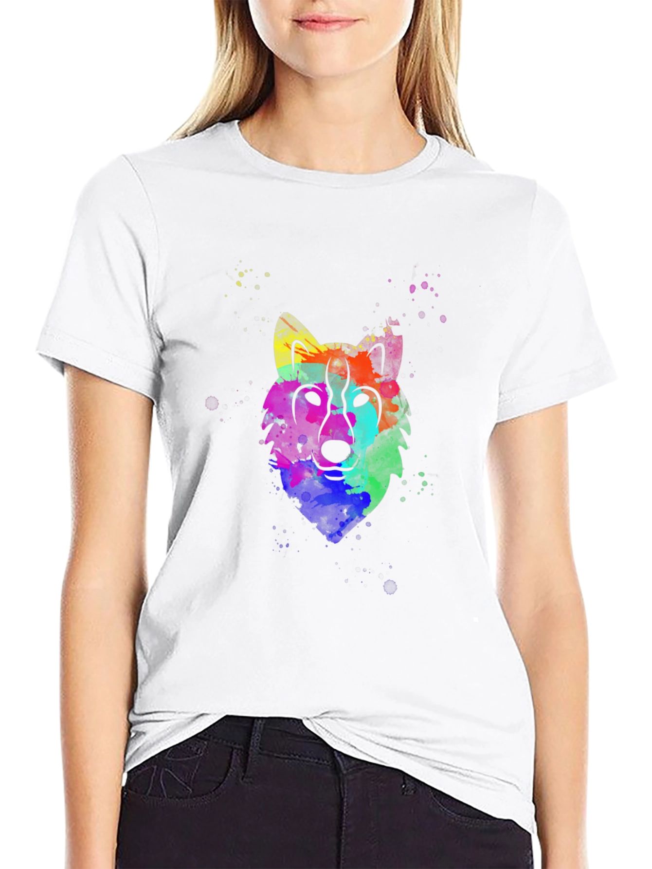 Colorful Watercolor Wolf Graphic T-Shirt - Black