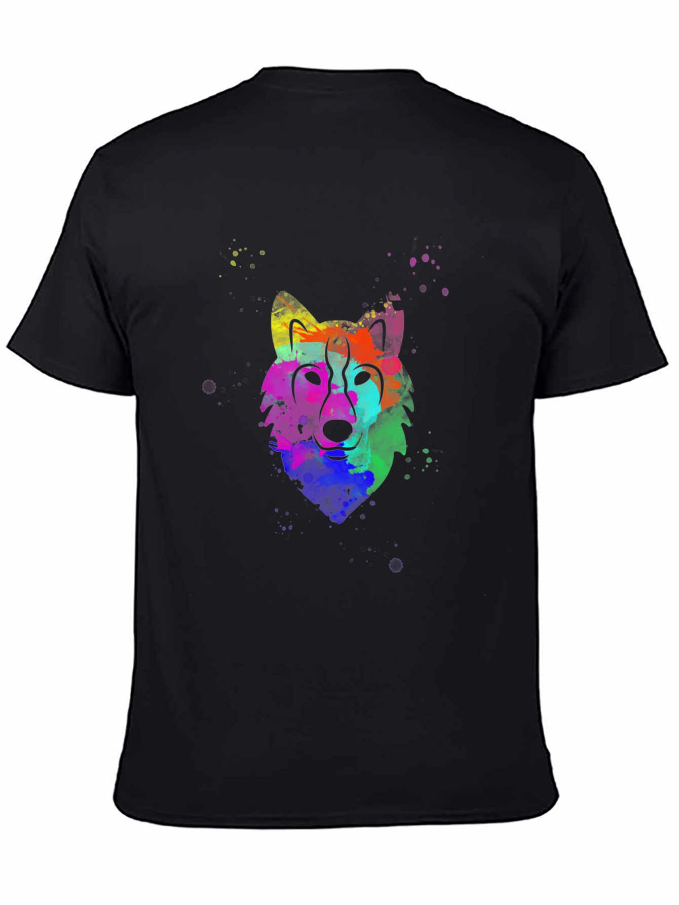 Colorful Watercolor Wolf Graphic T-Shirt - Black