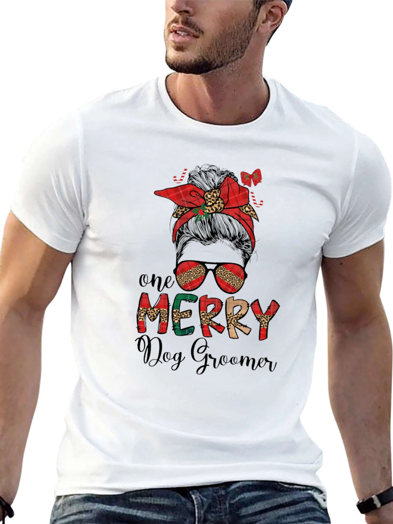 Merry Dog Groomer Messy Bun T-Shirt