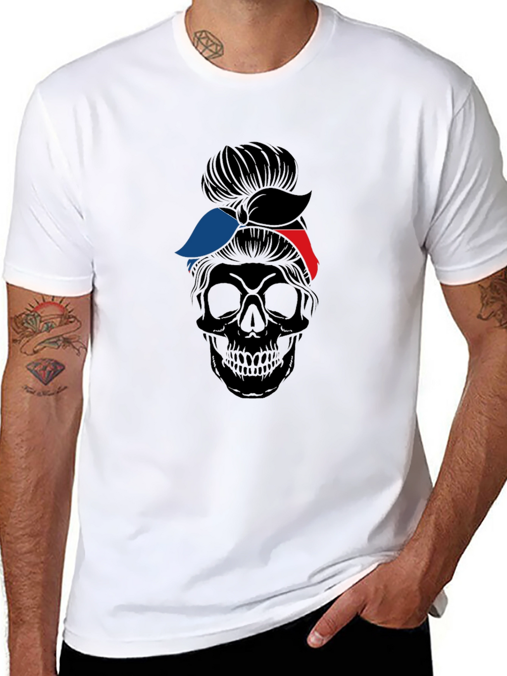 Skull Messy Bun Graphic Tee - Black