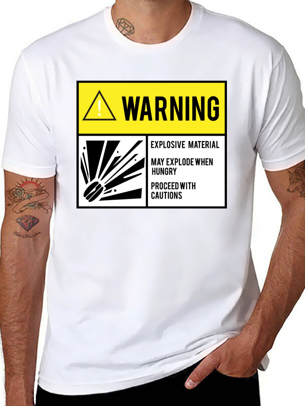 Warning Explosive Material T-Shirt Funny Hunger Tee