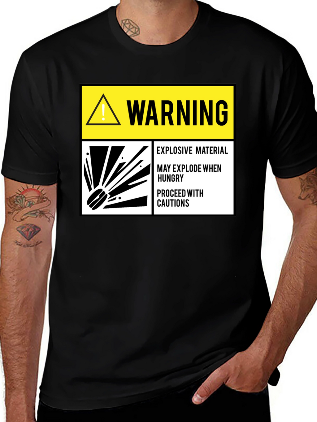 Warning Explosive Material T-Shirt Funny Hunger Tee