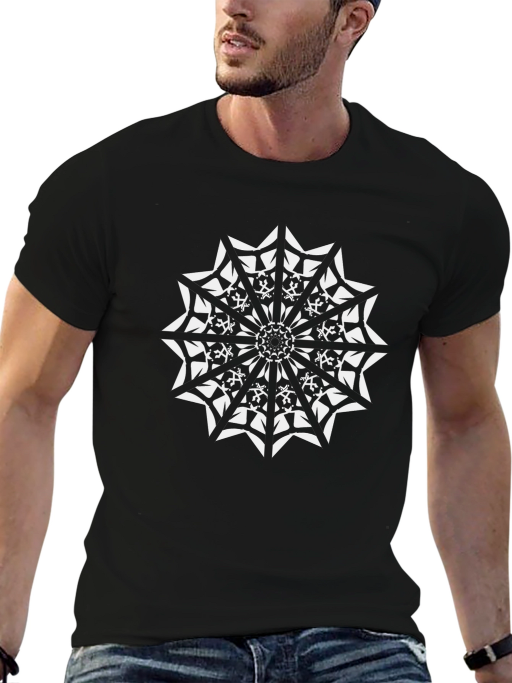 Black T-Shirt with White Geometric Mandala Design