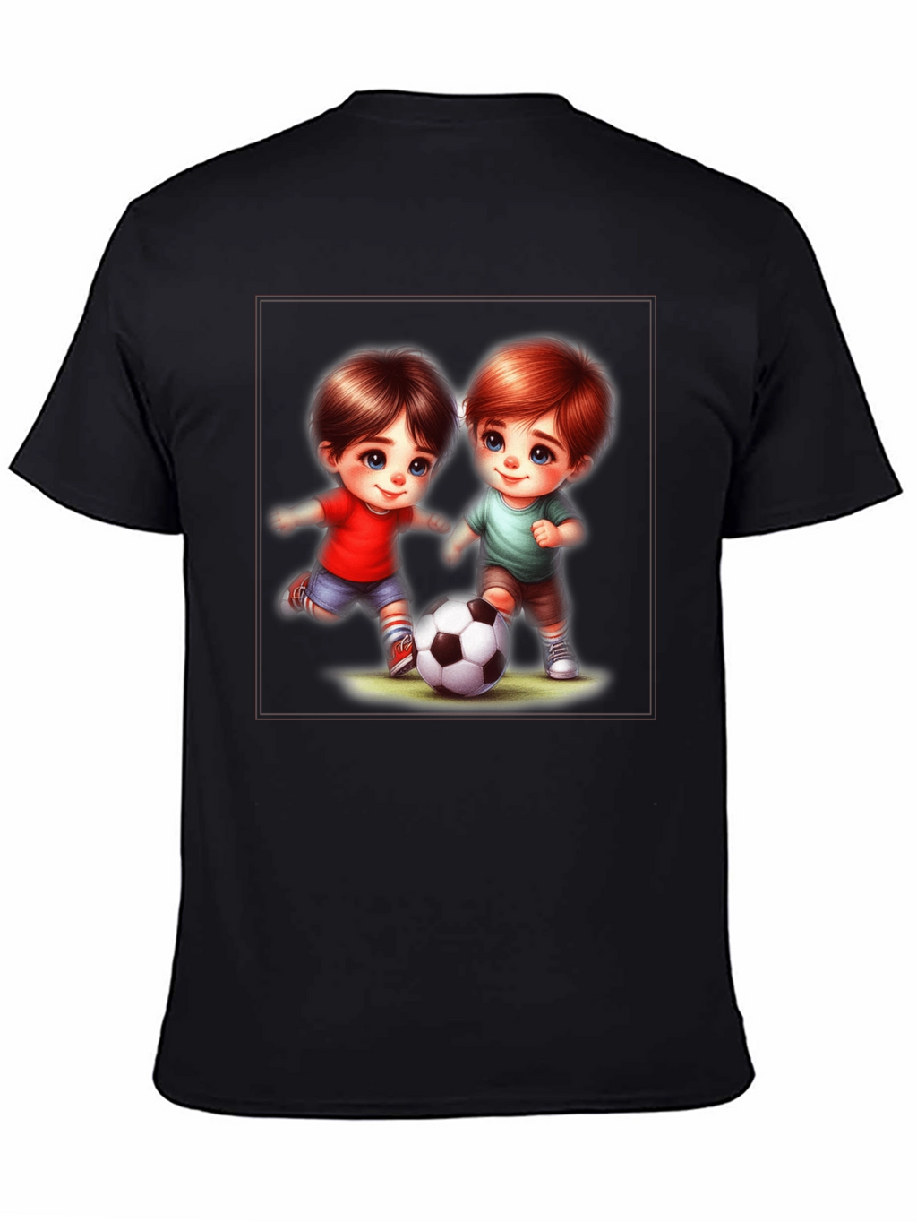 Cute Cartoon Kids Playing Soccer Black T-Shirt
