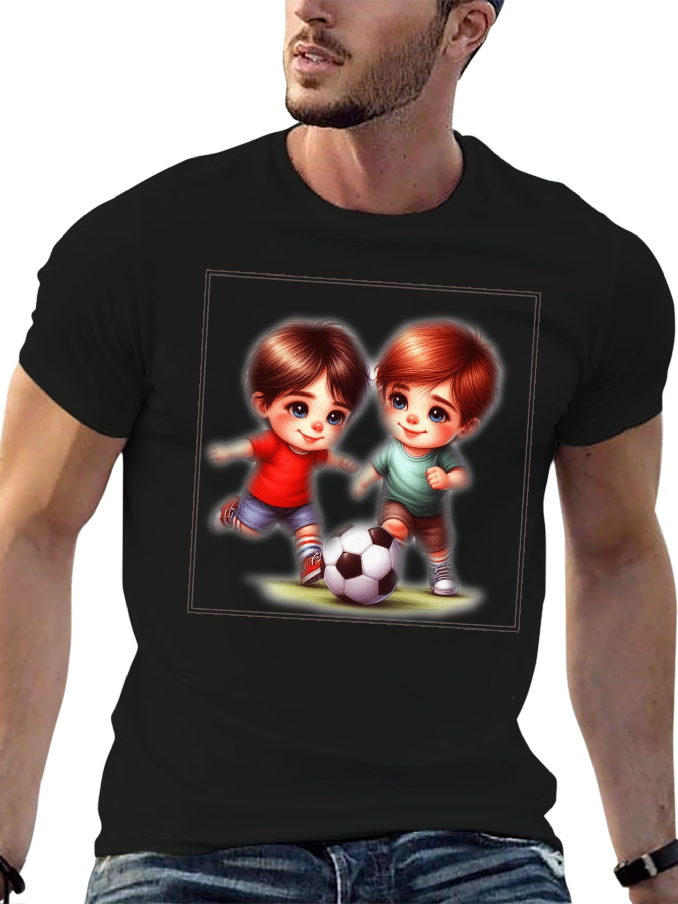 Cute Cartoon Kids Playing Soccer Black T-Shirt