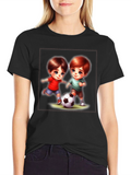 Cute Cartoon Kids Playing Soccer Black T-Shirt