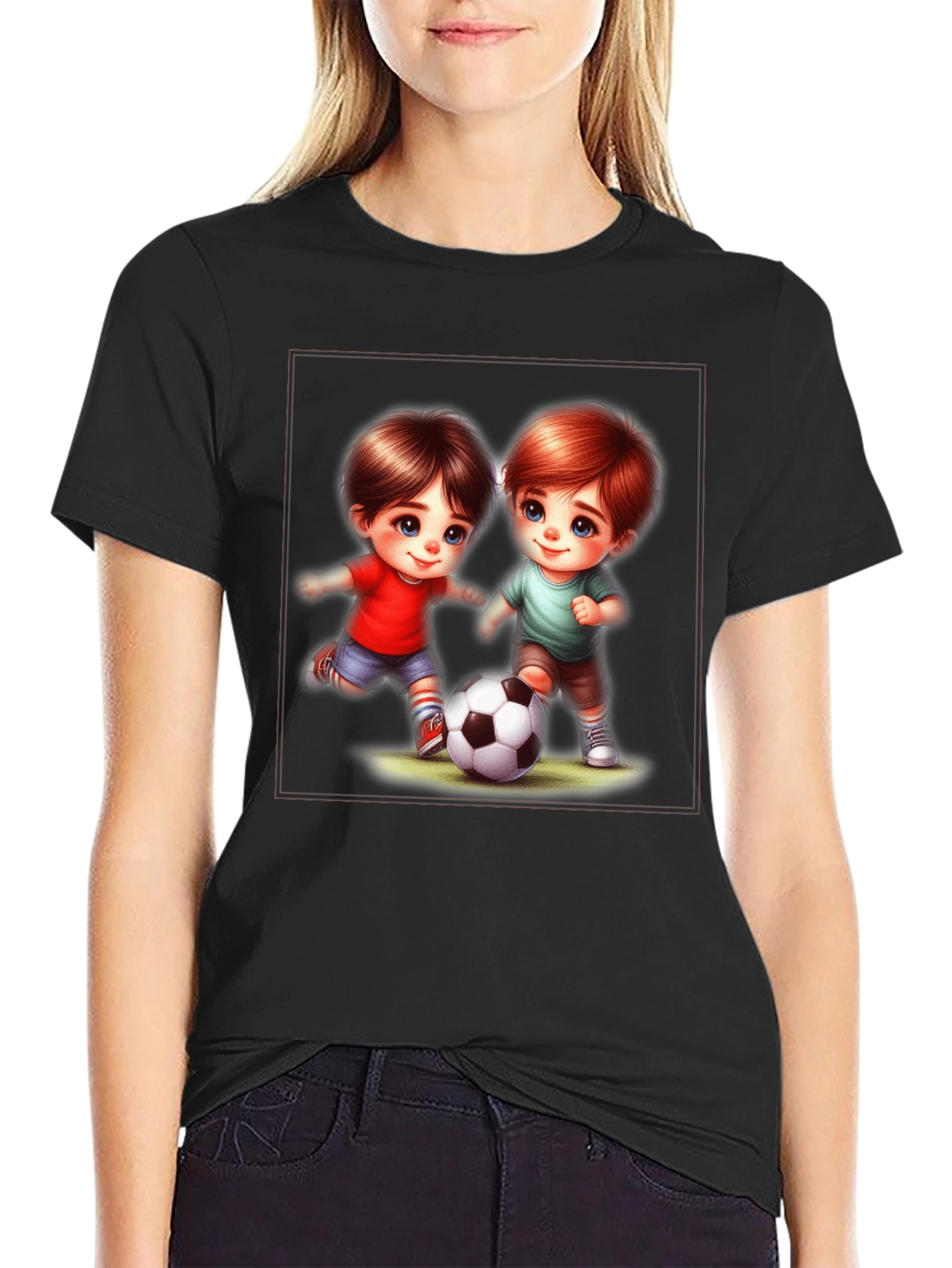 Cute Cartoon Kids Playing Soccer Black T-Shirt
