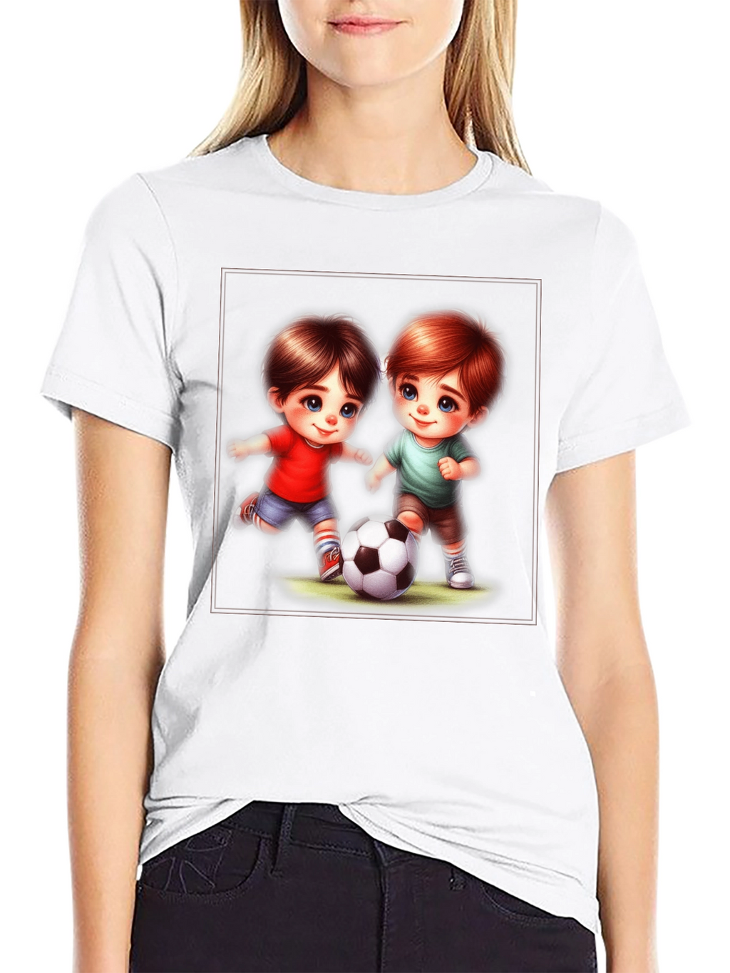 Cute Cartoon Kids Playing Soccer Black T-Shirt