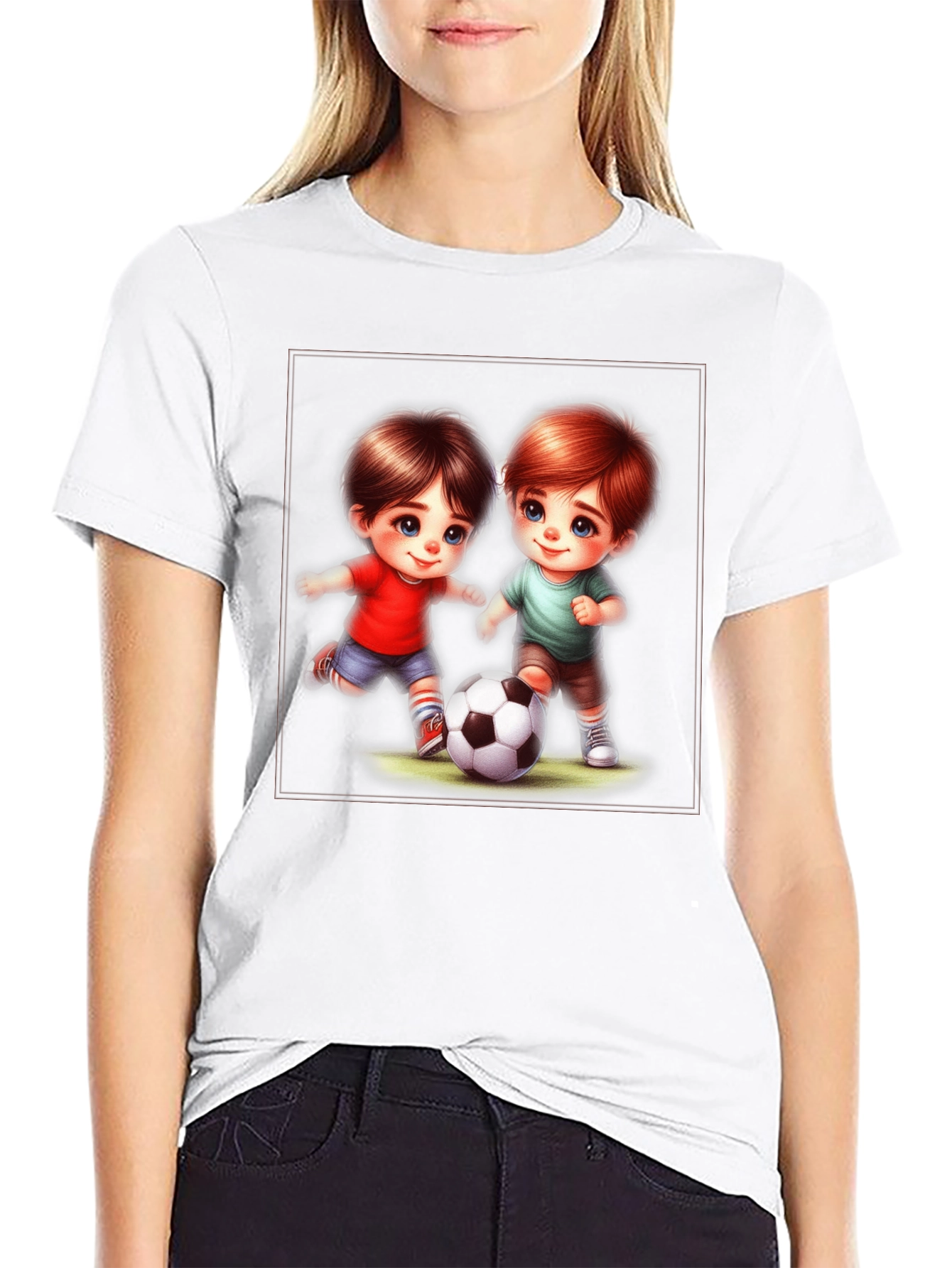 Cute Cartoon Kids Playing Soccer Black T-Shirt