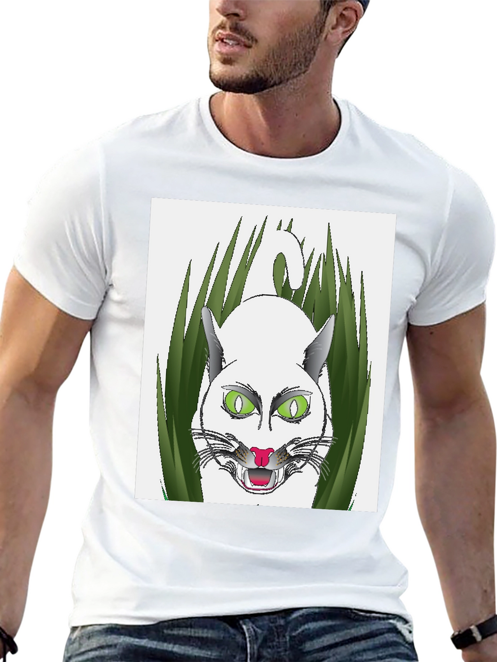 Mens Black T-Shirt with Cat Design