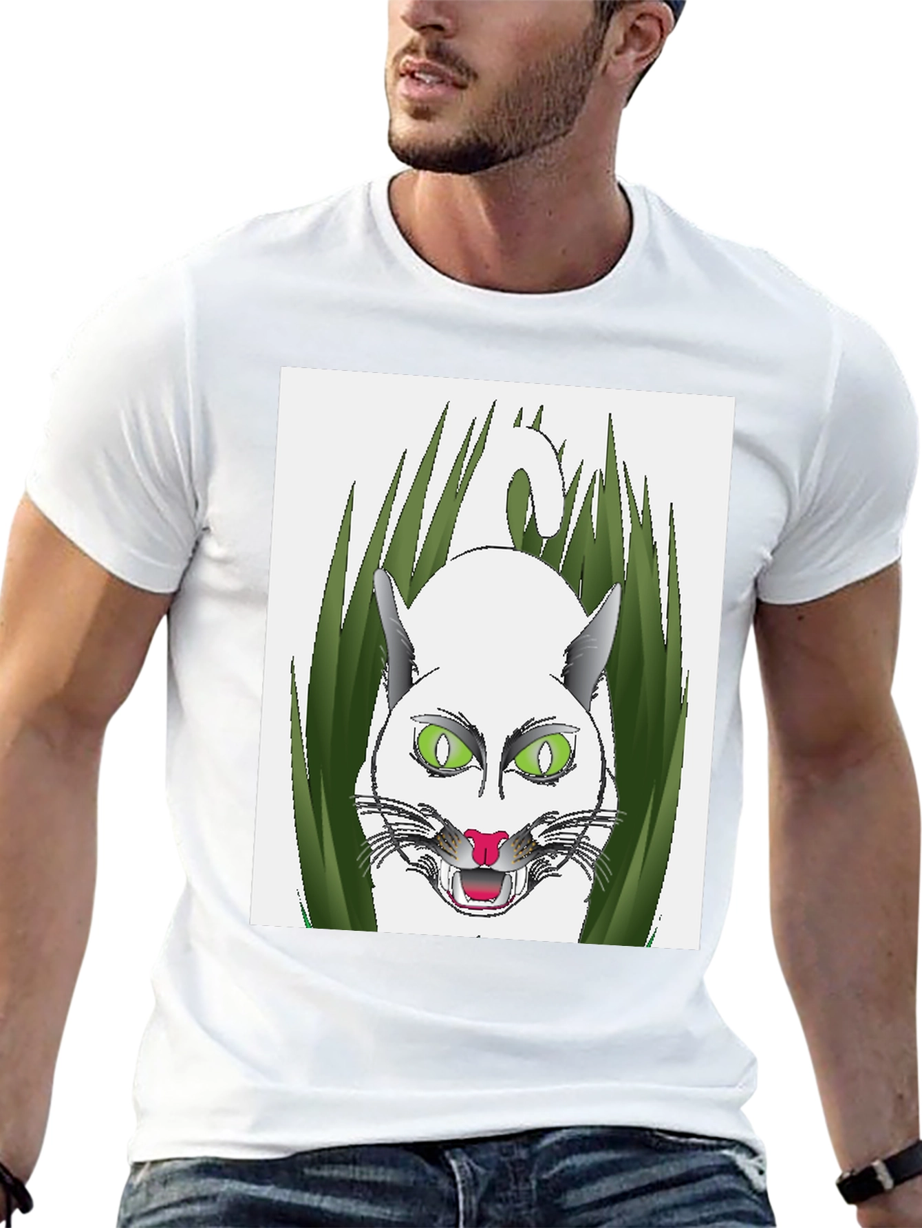 Mens Black T-Shirt with Cat Design
