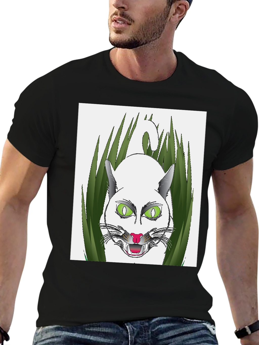 Mens Black T-Shirt with Cat Design