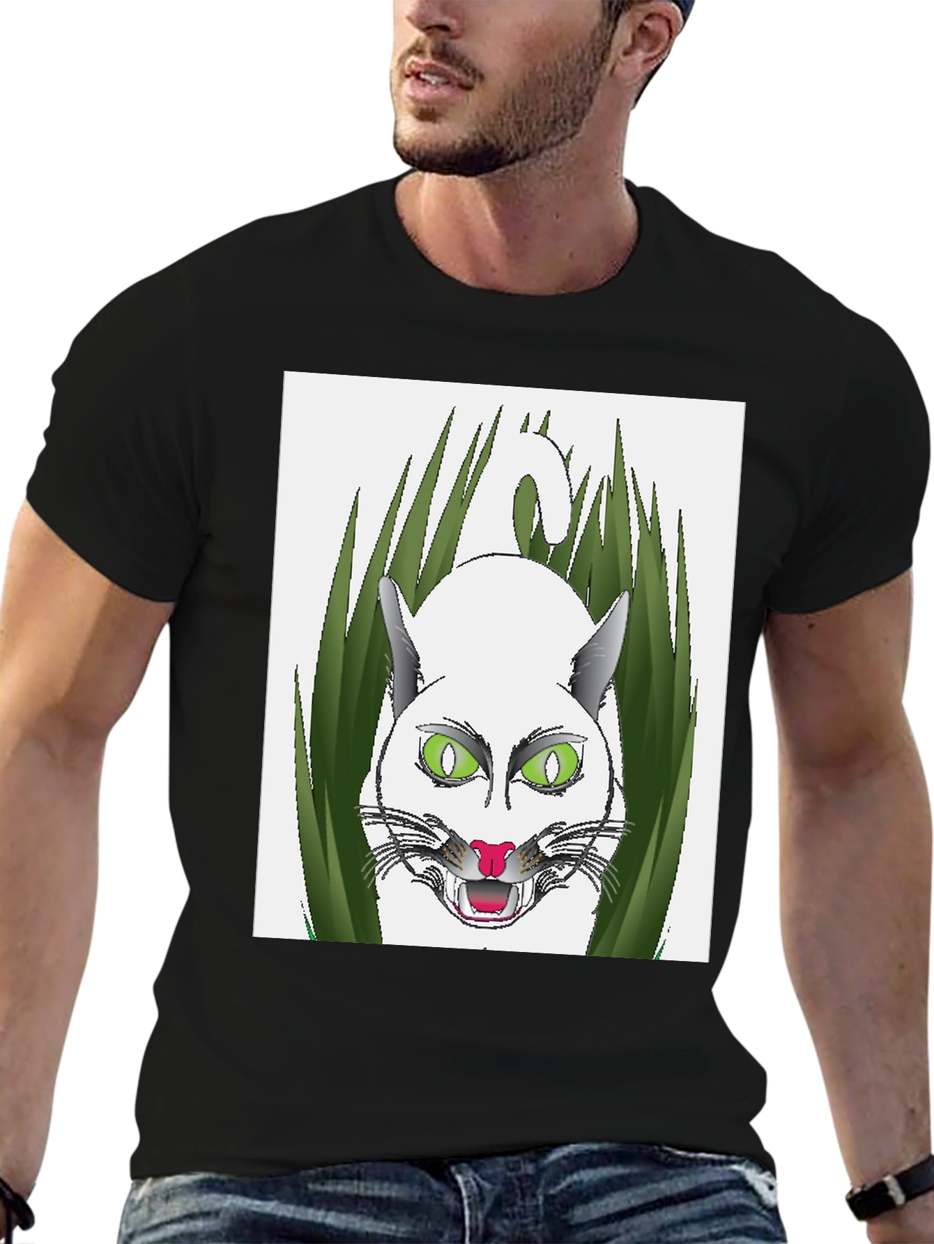 Mens Black T-Shirt with Cat Design