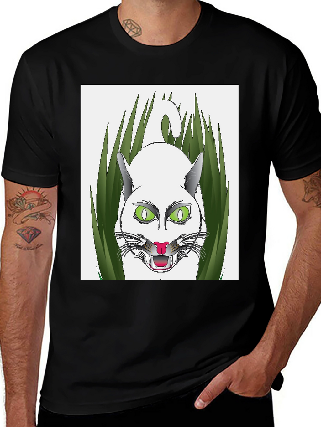 Mens Black T-Shirt with Cat Design