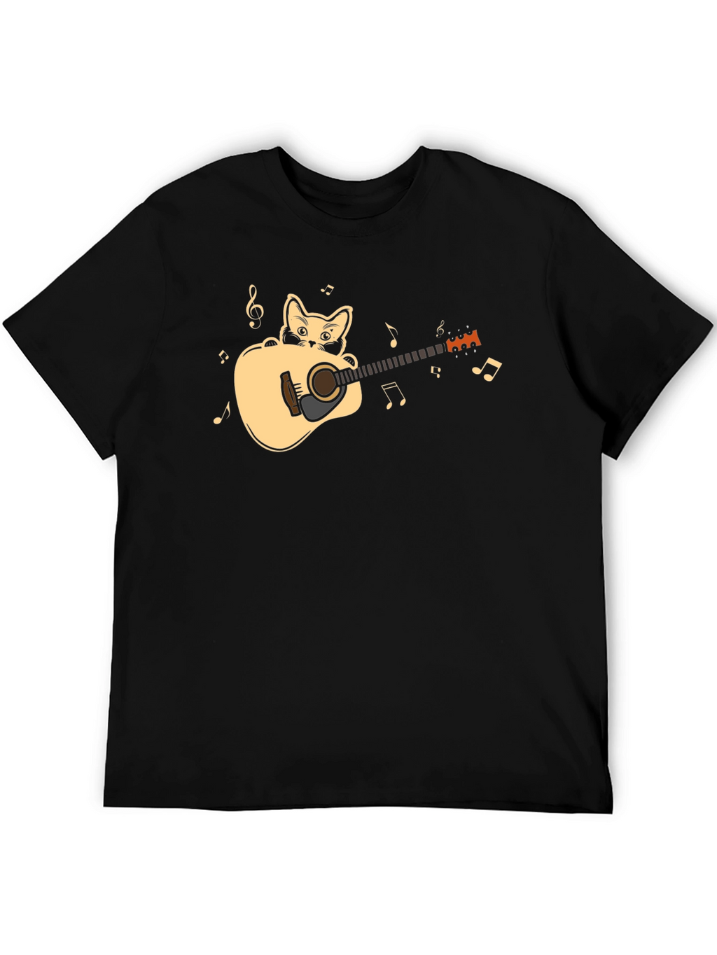 Cat Playing Guitar Graphic Tee - Black Cotton Shirt